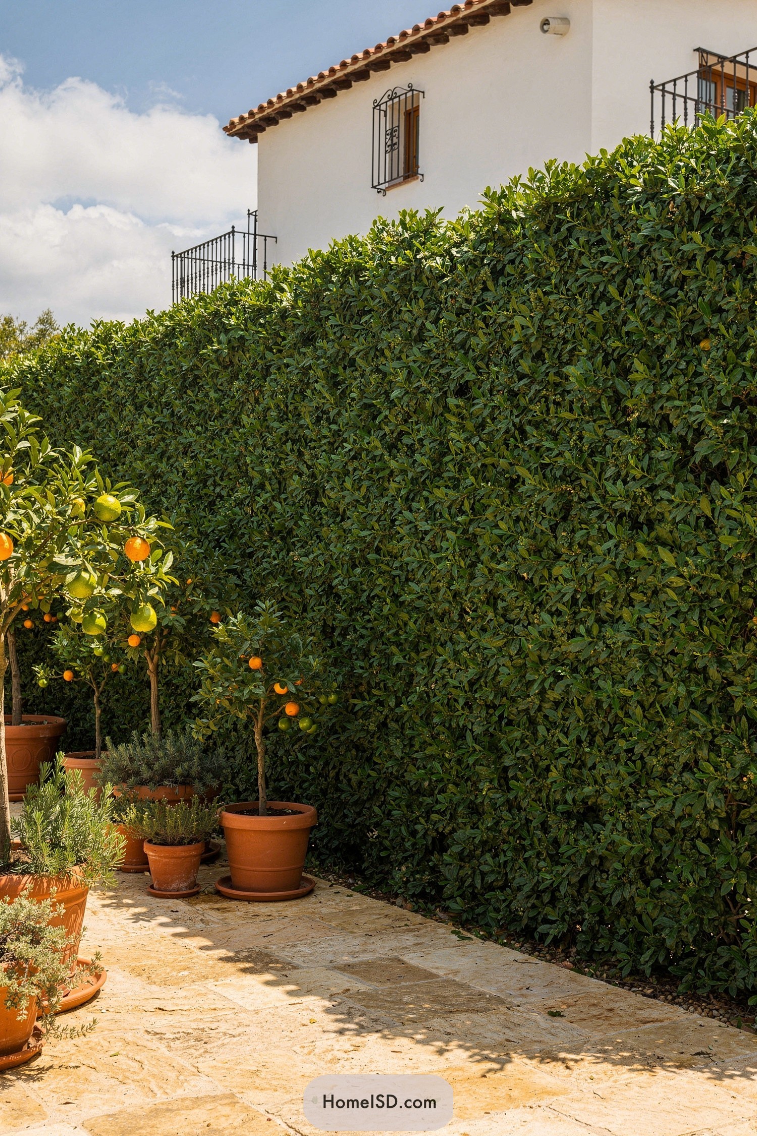 Tall evergreen hedge bordering stone patio with potted citrus trees and terracotta planters