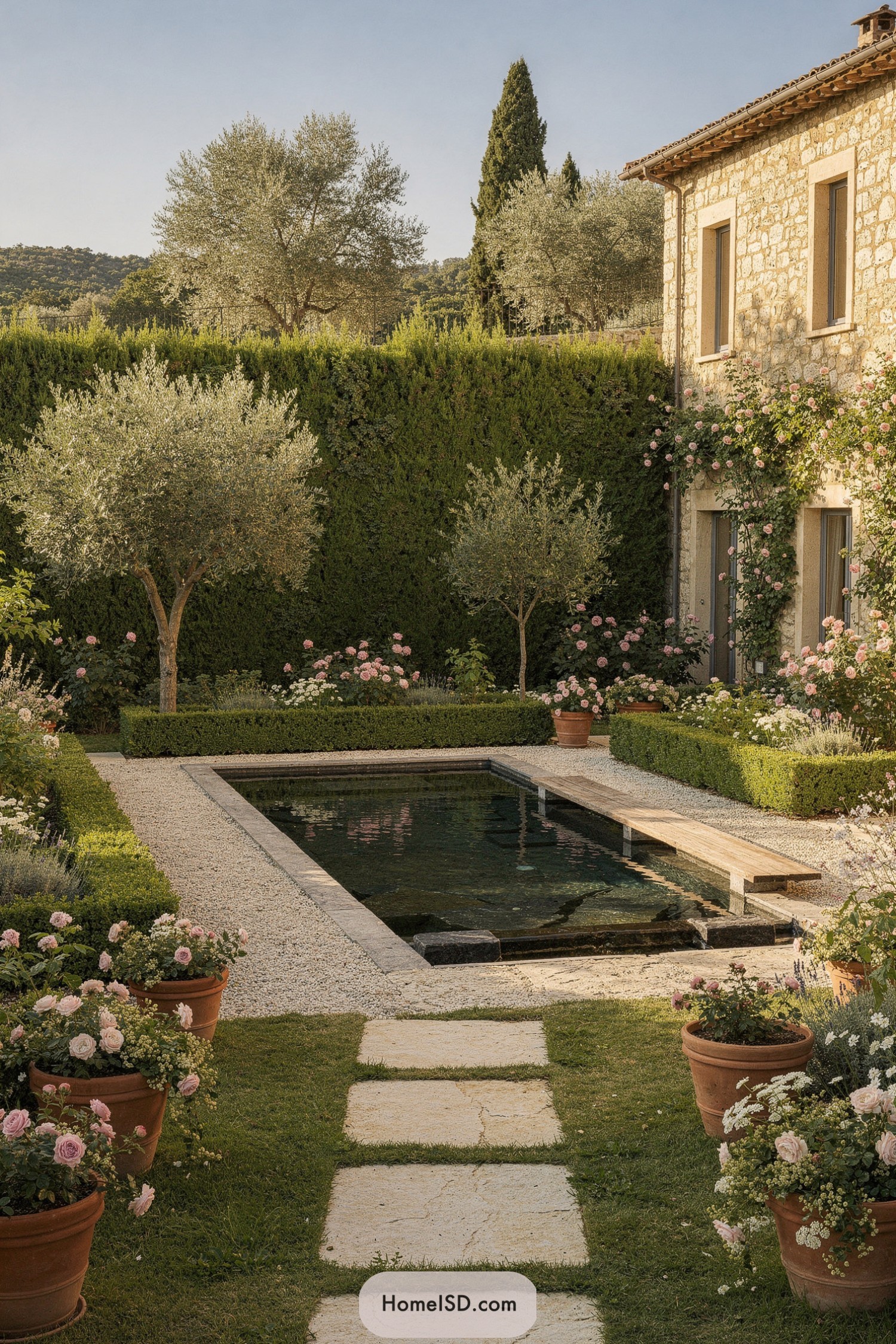 Mediterranean courtyard pool framed by tall hedges
