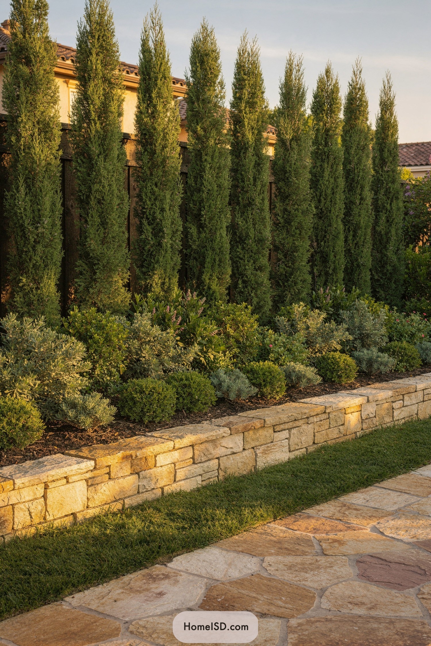 Tall cypress hedge with layered shrubs and stone edging