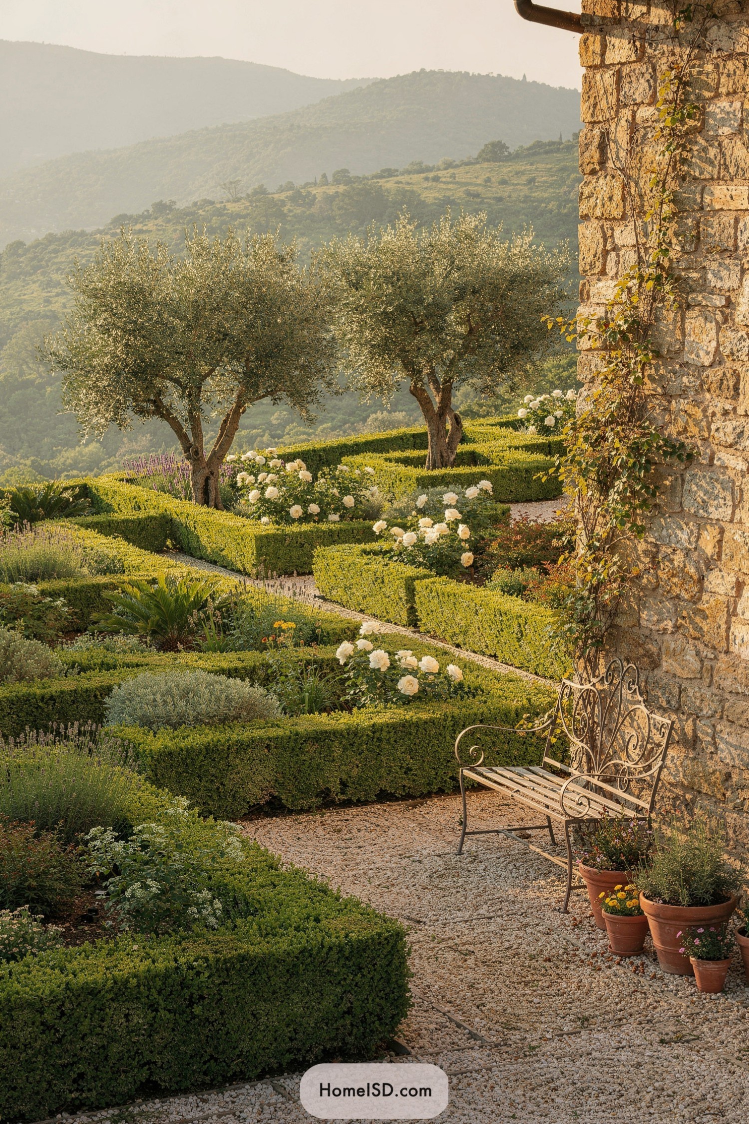 Terraced Mediterranean hedge garden with olive trees