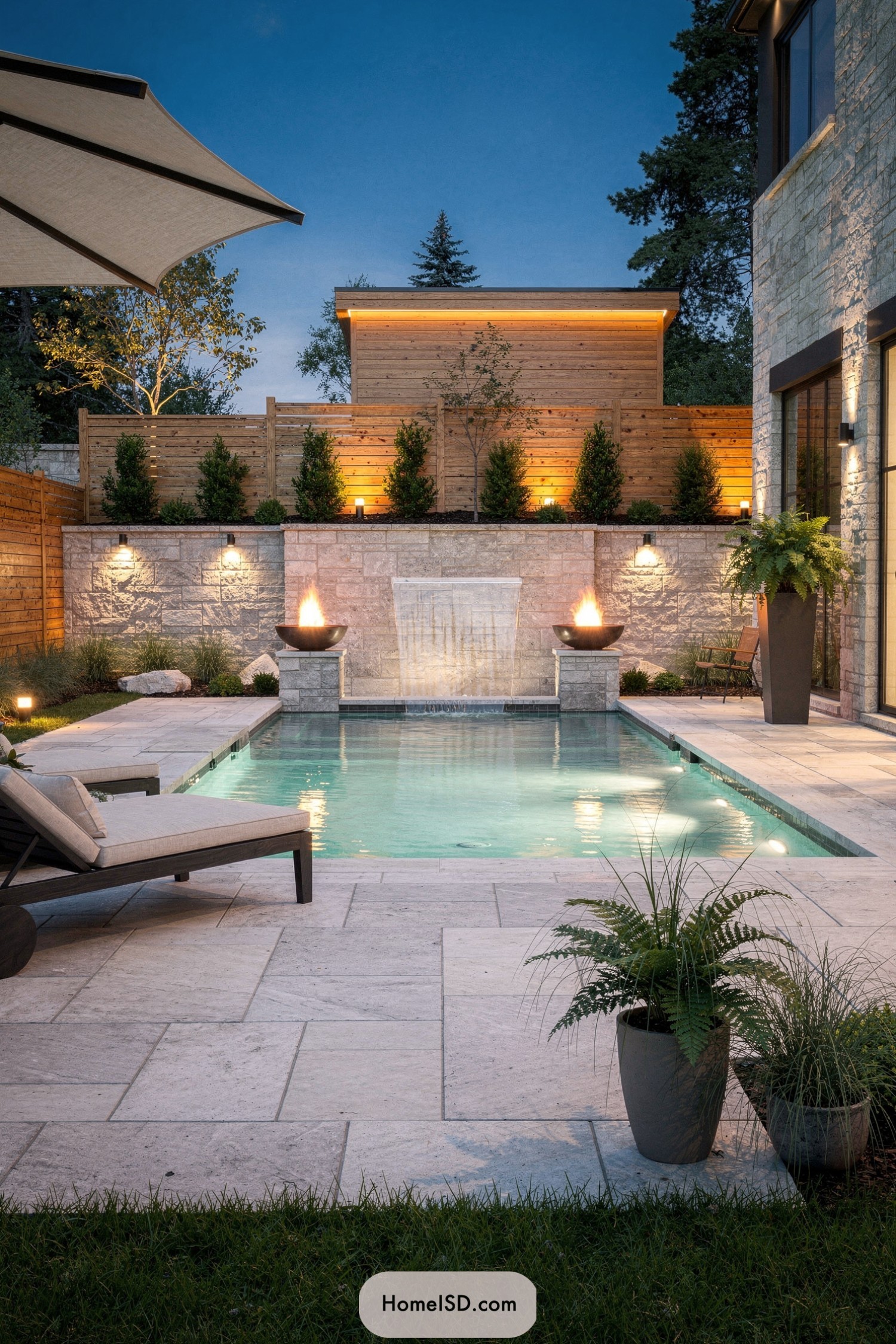 Modern backyard pool with fire bowls and waterfall feature at dusk