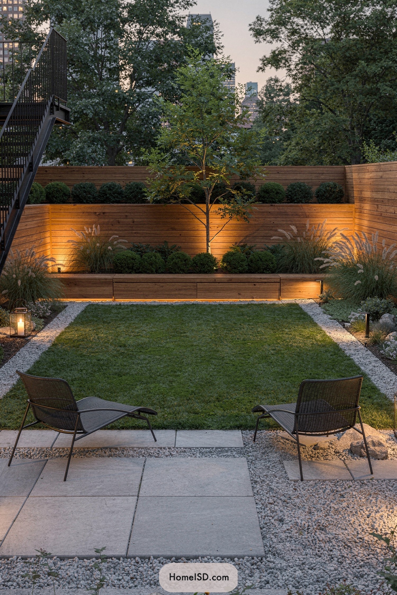 Modern tiered backyard with lit wooden planters and central lawn