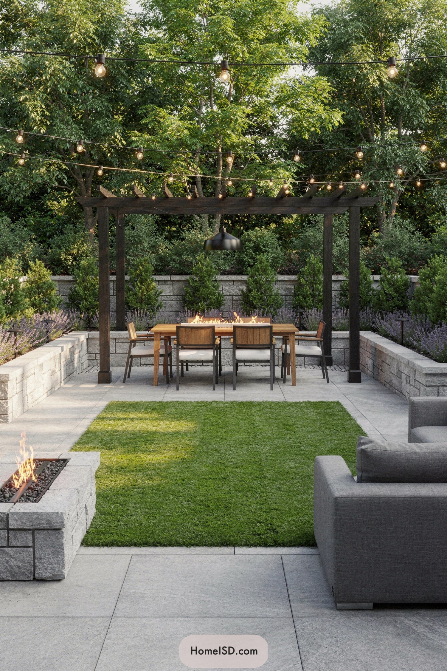 Cozy modern patio with pergola, string lights, and linear fire features around a dining area
