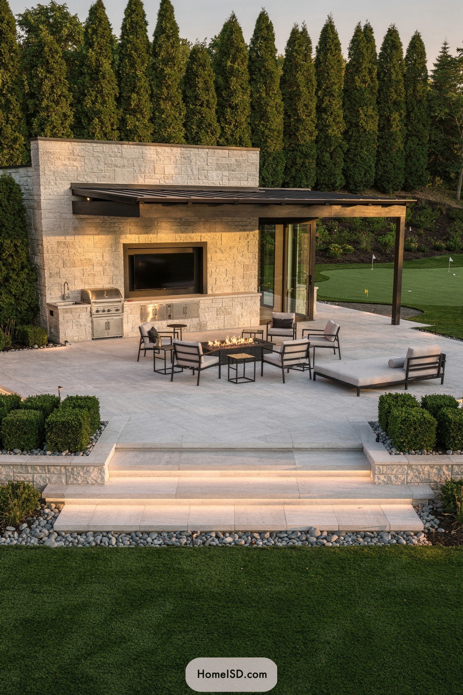 Modern stone patio with fire table, lounge seating, outdoor kitchen, and tall evergreen backdrop beside a putting green