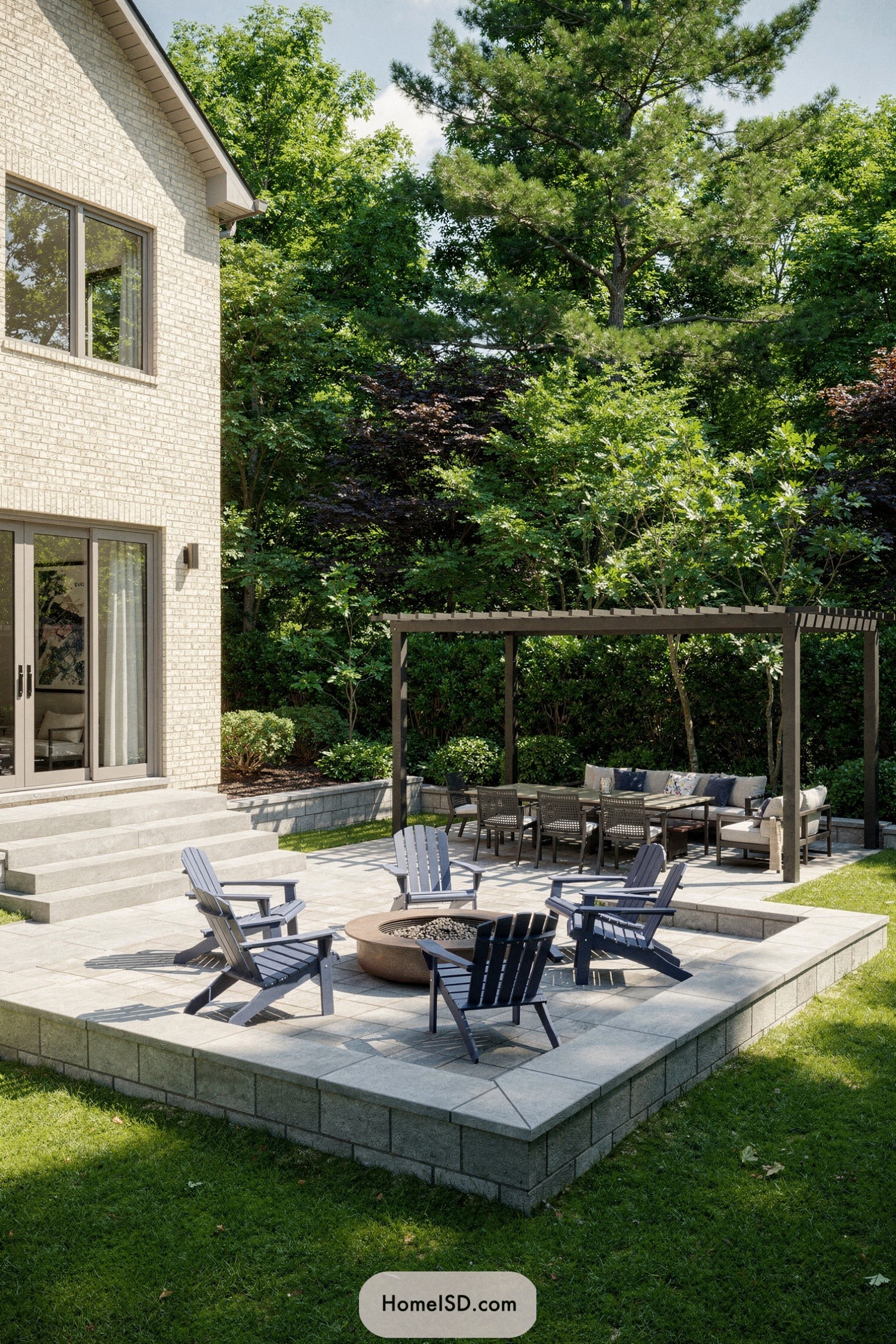 Raised stone patio with fire pit, pergola lounge, and surrounding trees