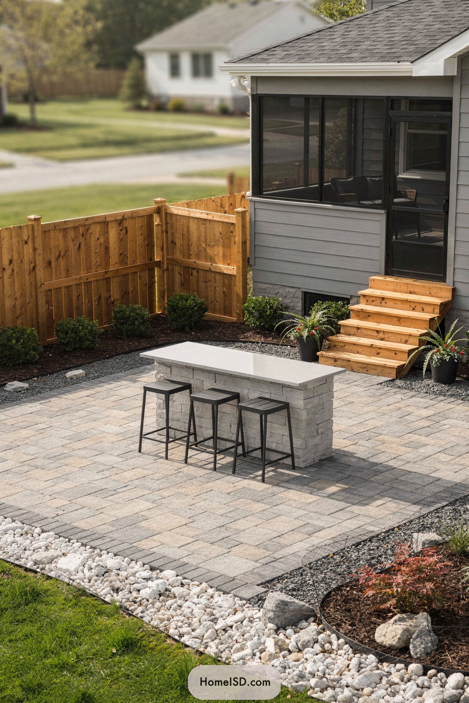 Paved backyard patio with stone bar island and stools
