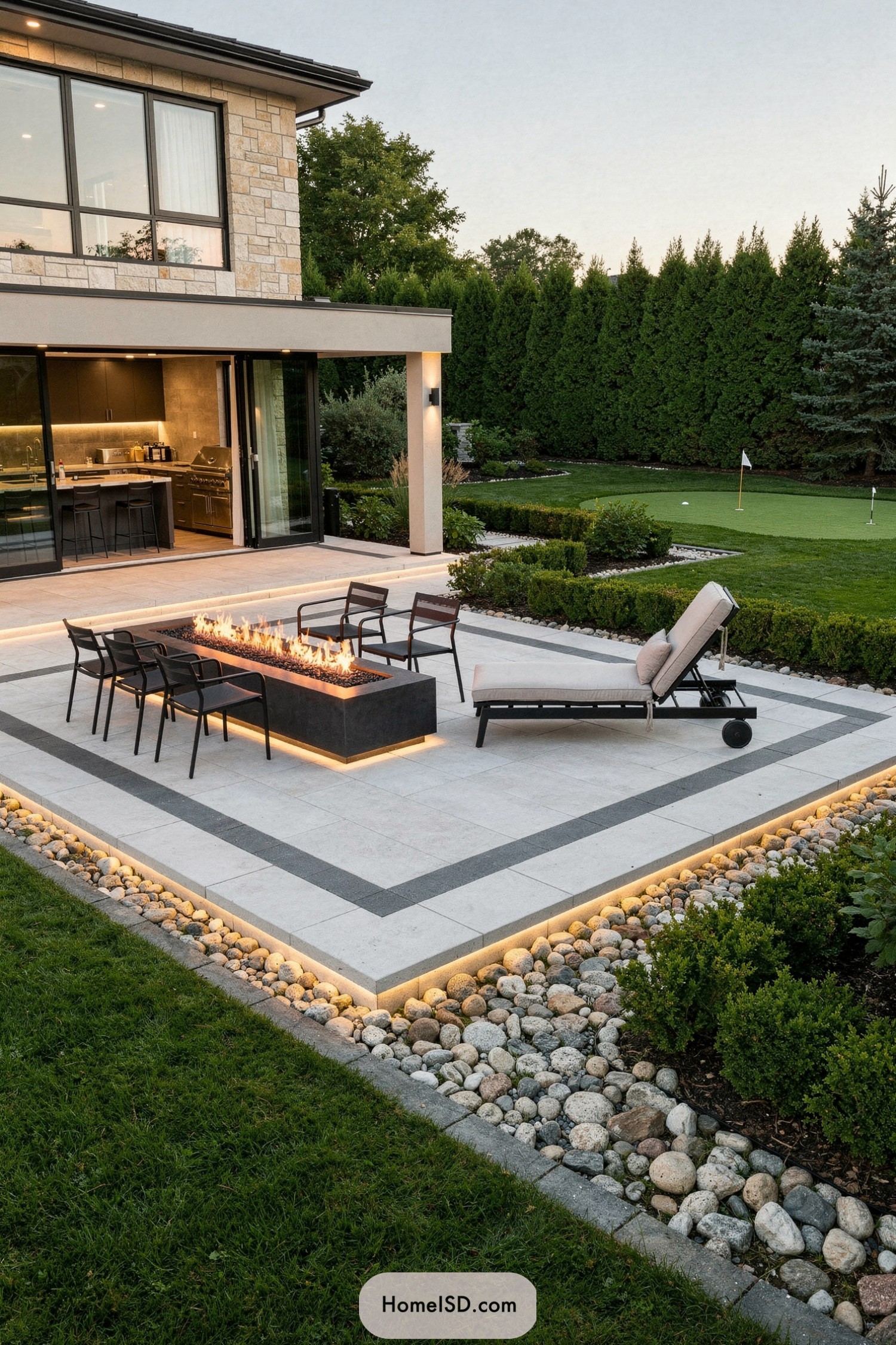 Modern patio with linear fire pit, perimeter lighting, and views to a manicured lawn and putting green