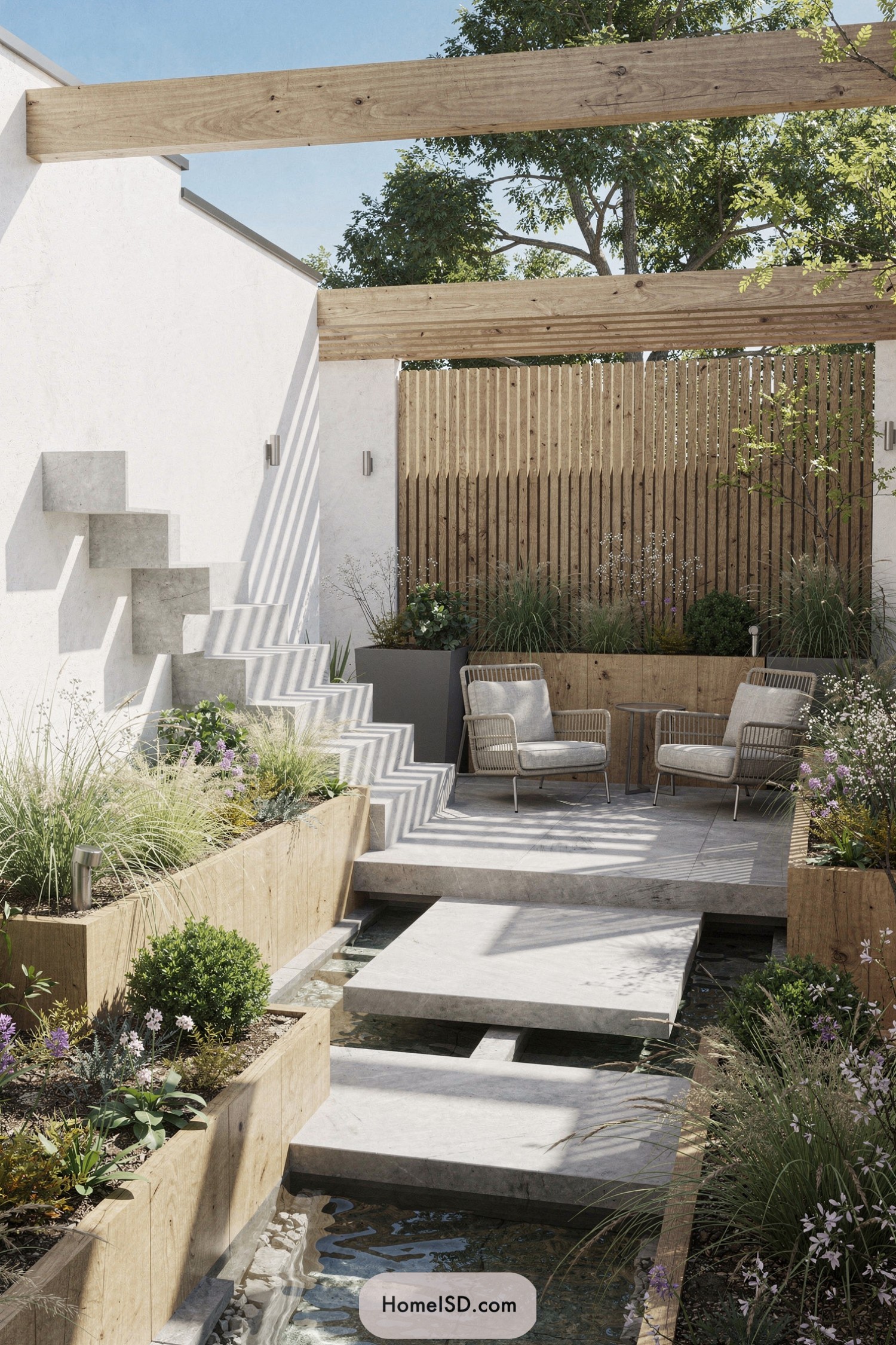 Modern tiered patio with concrete steps, floating slabs over a narrow water channel, and wood-framed planting beds