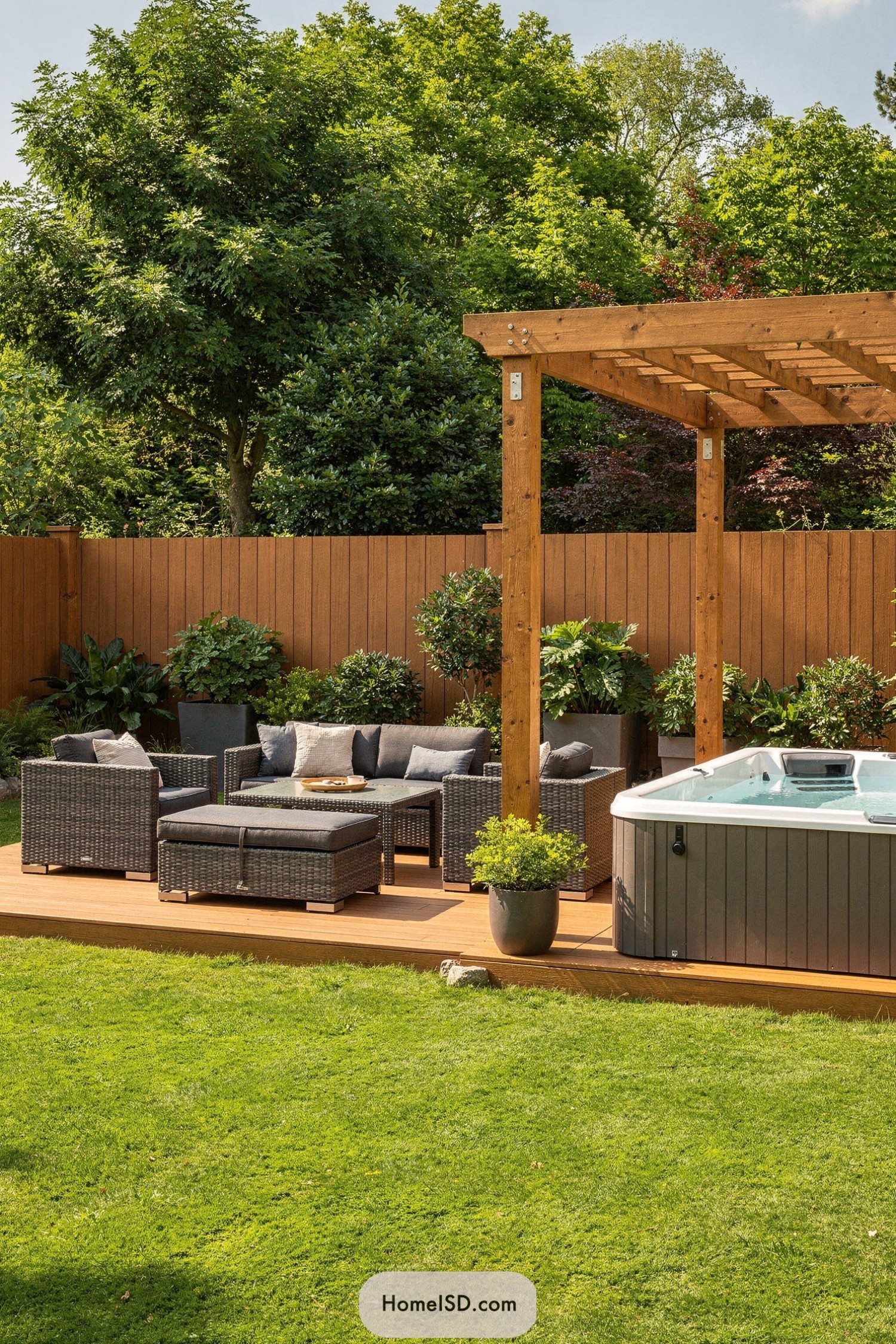 Modern backyard deck with pergola seating area and hot tub