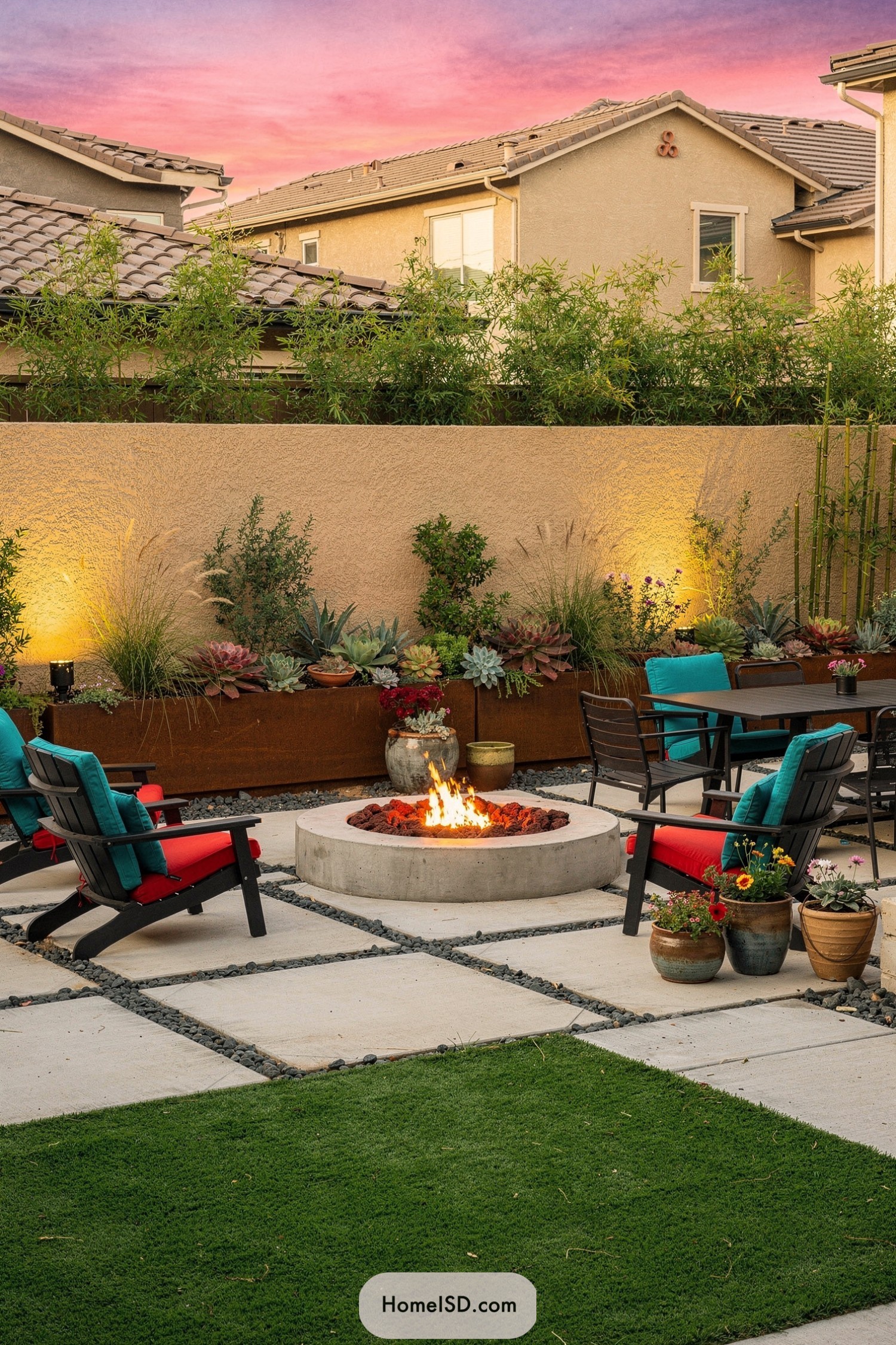 Modern backyard patio with fire pit and colorful seating