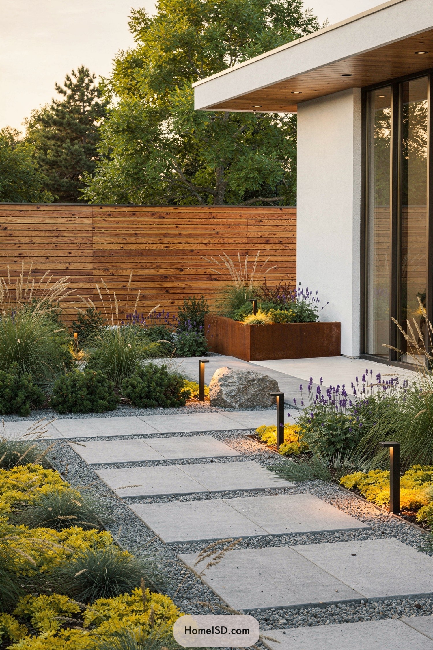 Modern concrete path with low lights and layered plantings