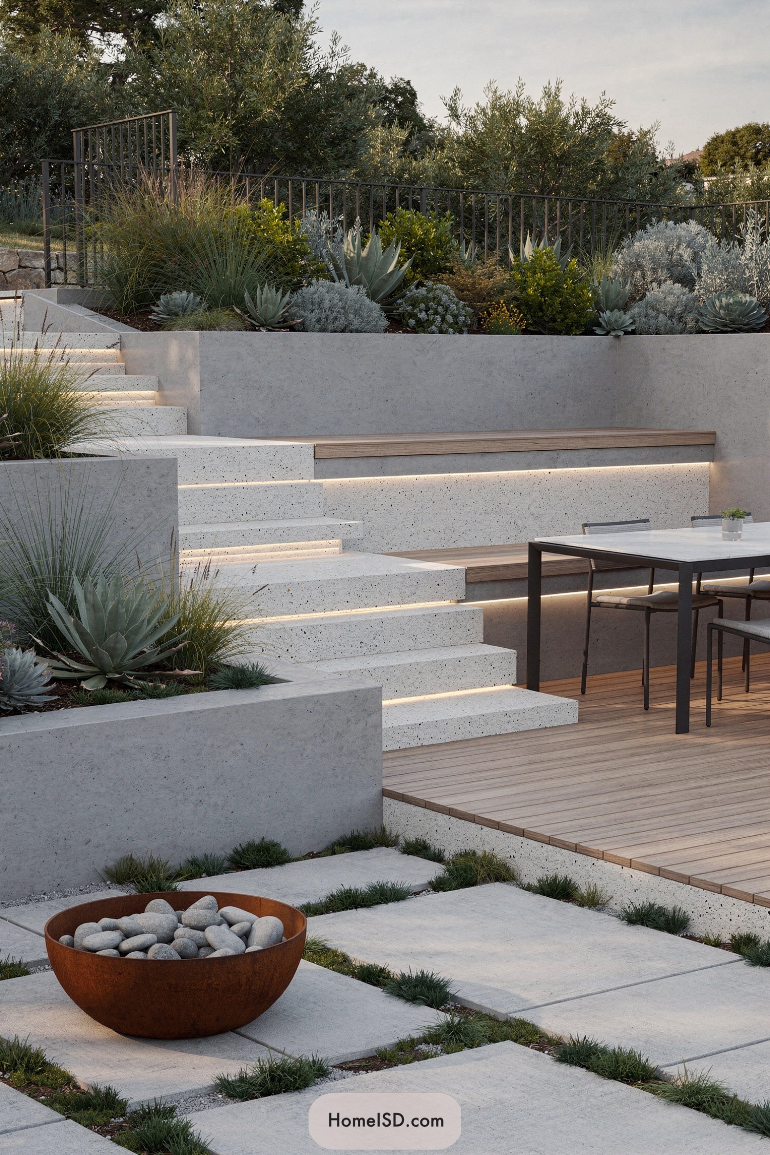 Modern terraced backyard with concrete steps, dining area, and sculptural planting