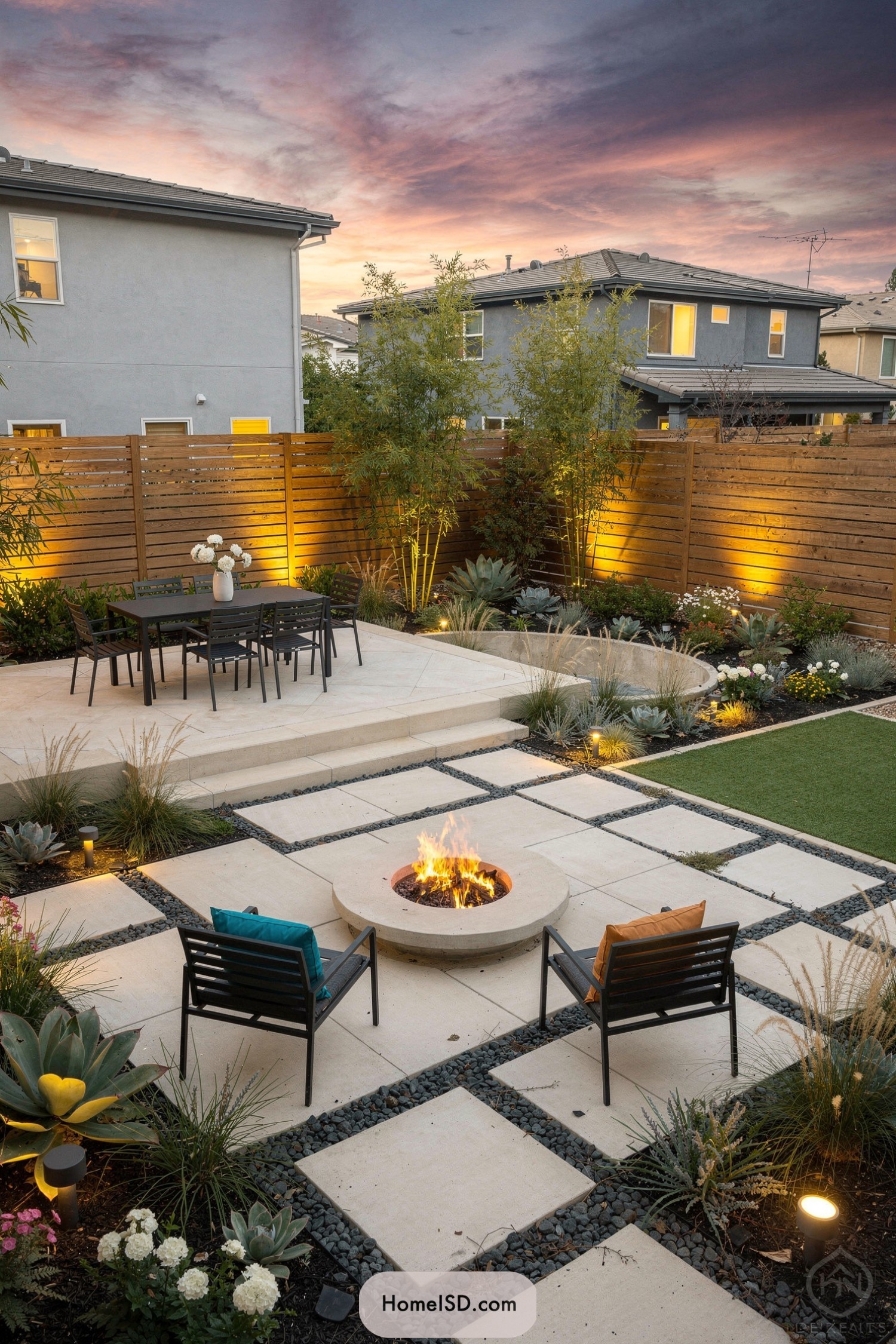 Modern backyard with grid pavers and central fire pit