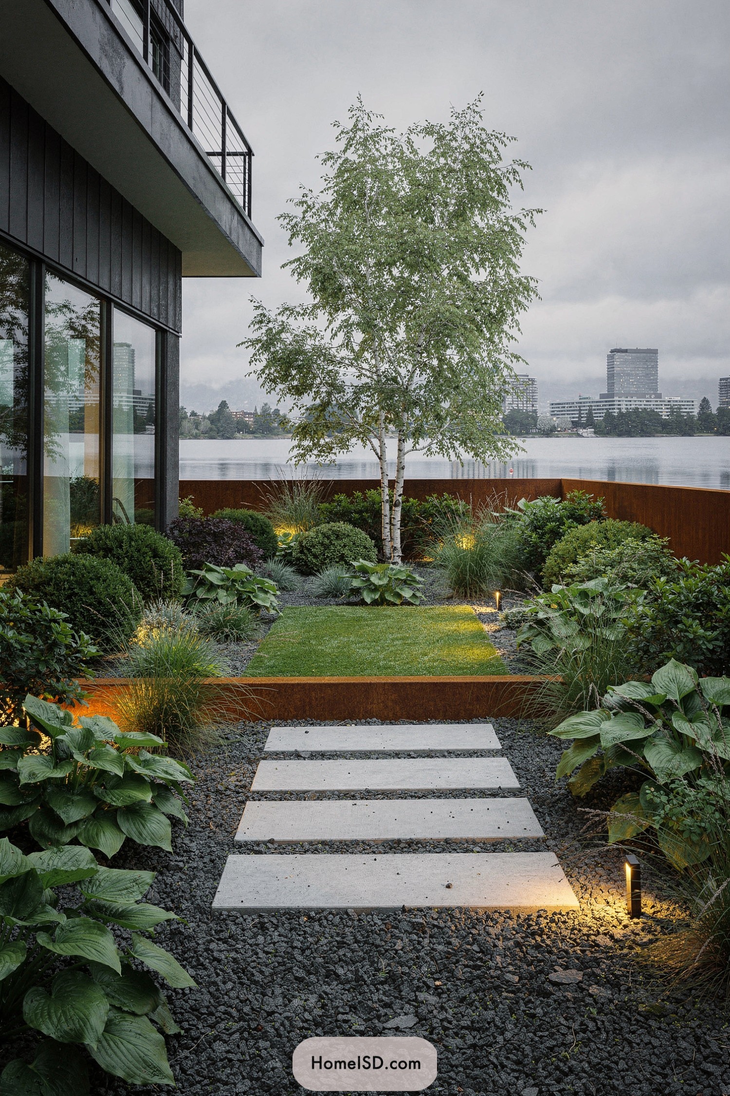 Contemporary lakeside terrace garden with concrete pavers, gravel, lush plantings, and a focal birch tree