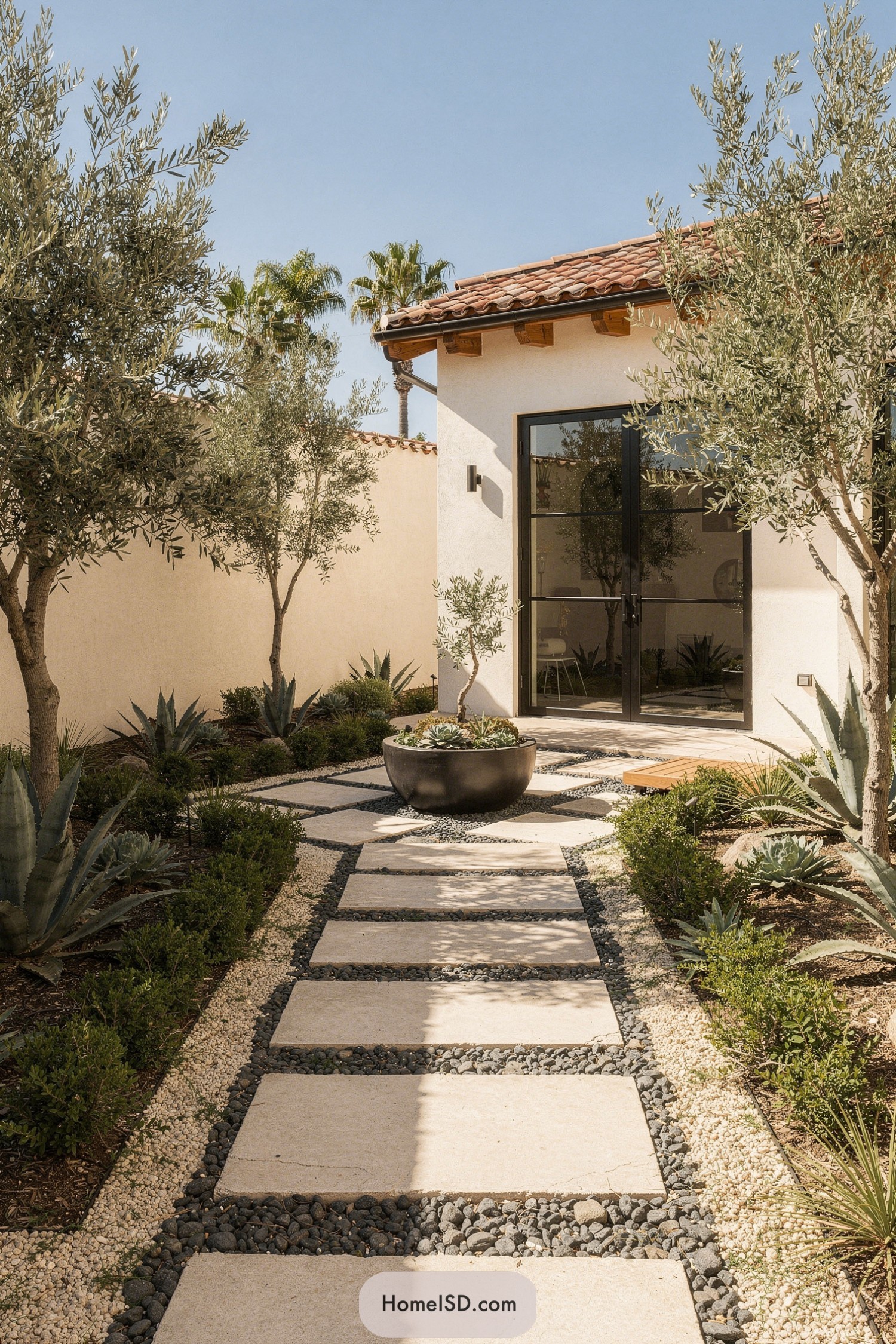 Modern courtyard with large paver walkway, olive trees, and drought-tolerant plantings