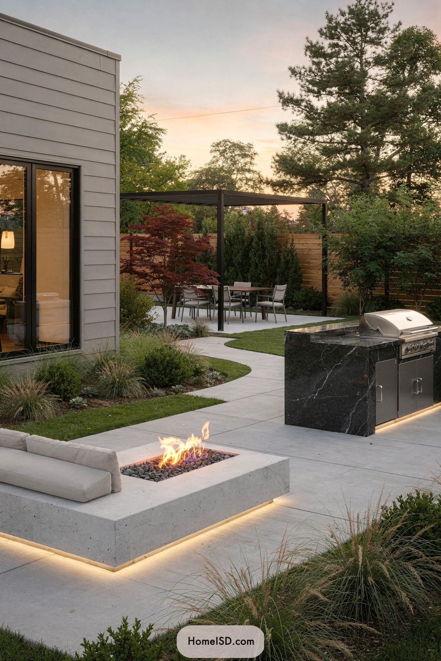 Modern backyard with concrete fire pit, stone grill island, and pergola dining area surrounded by greenery