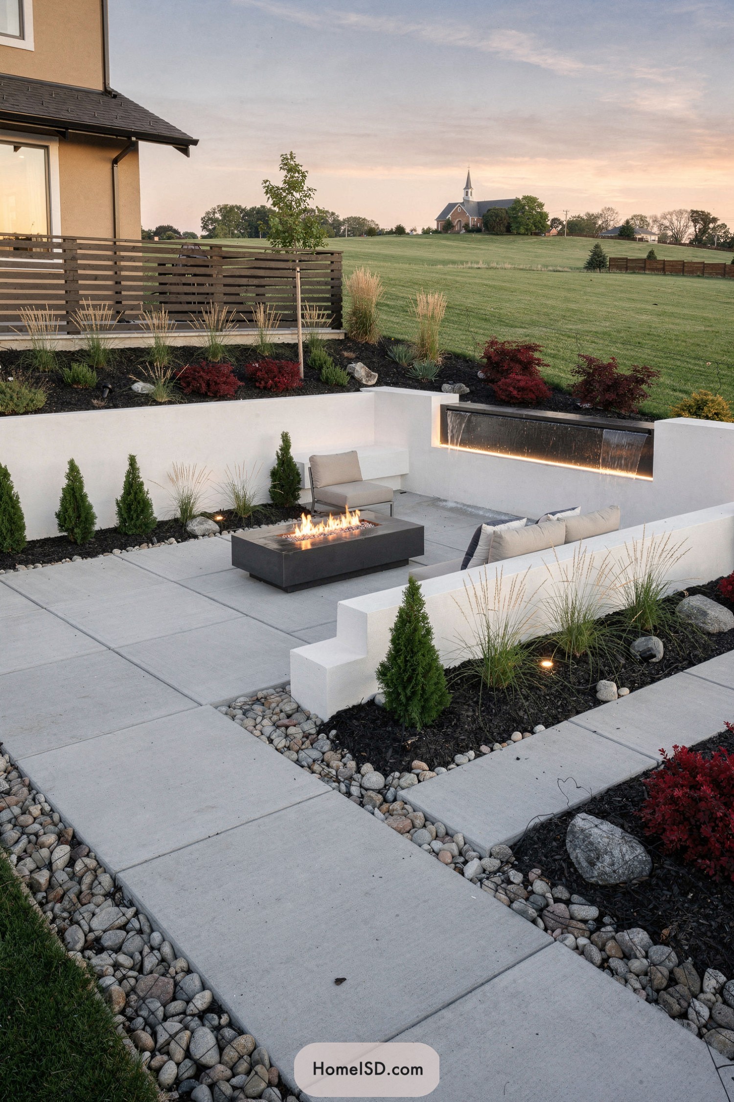 Modern sunken patio with fire pit and wall fountain