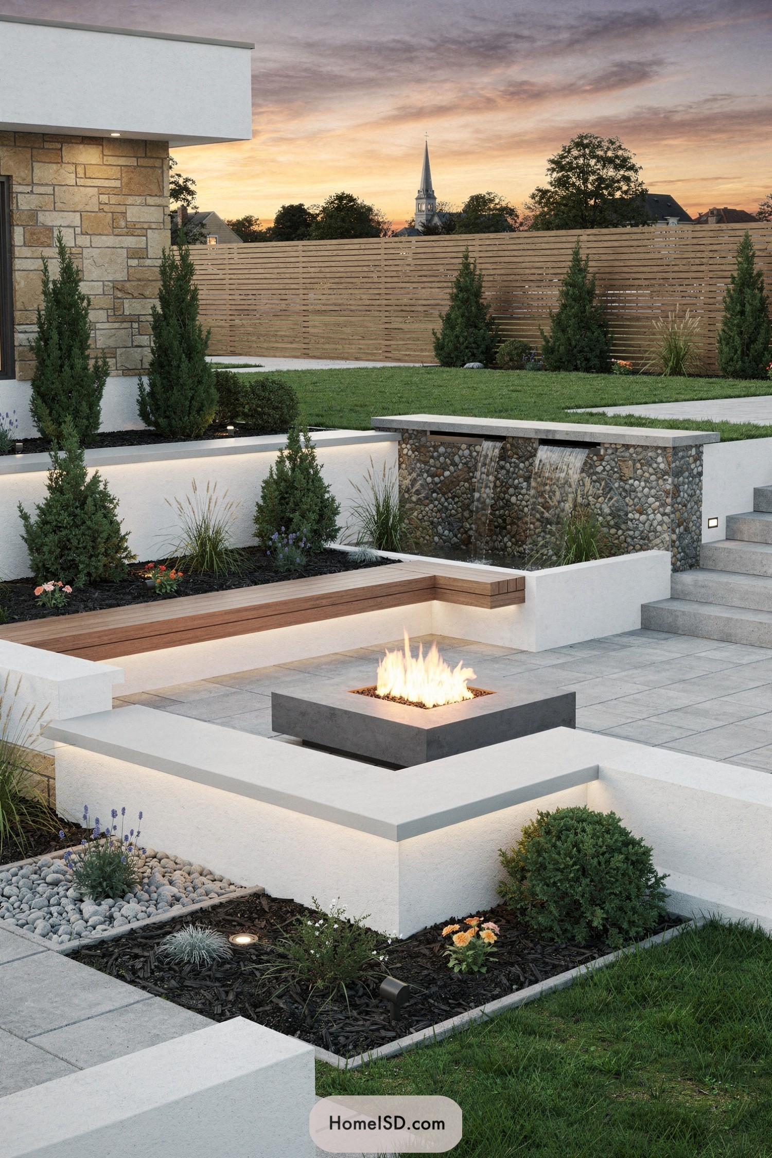 Contemporary patio with square fire pit and waterfall