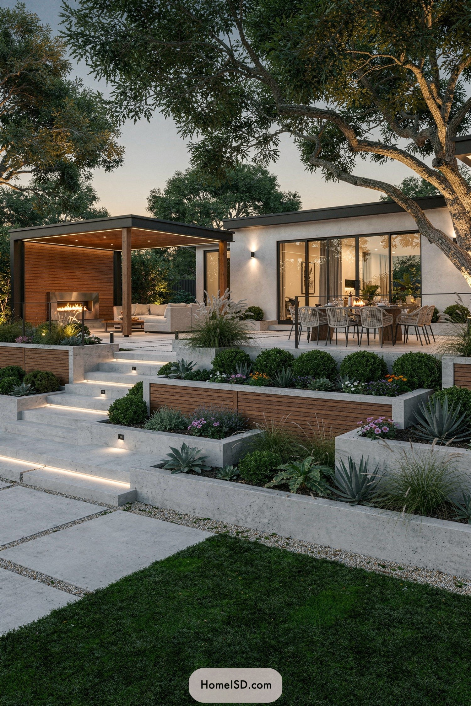 Tiered modern patio with pergola fireplace and lush plantings