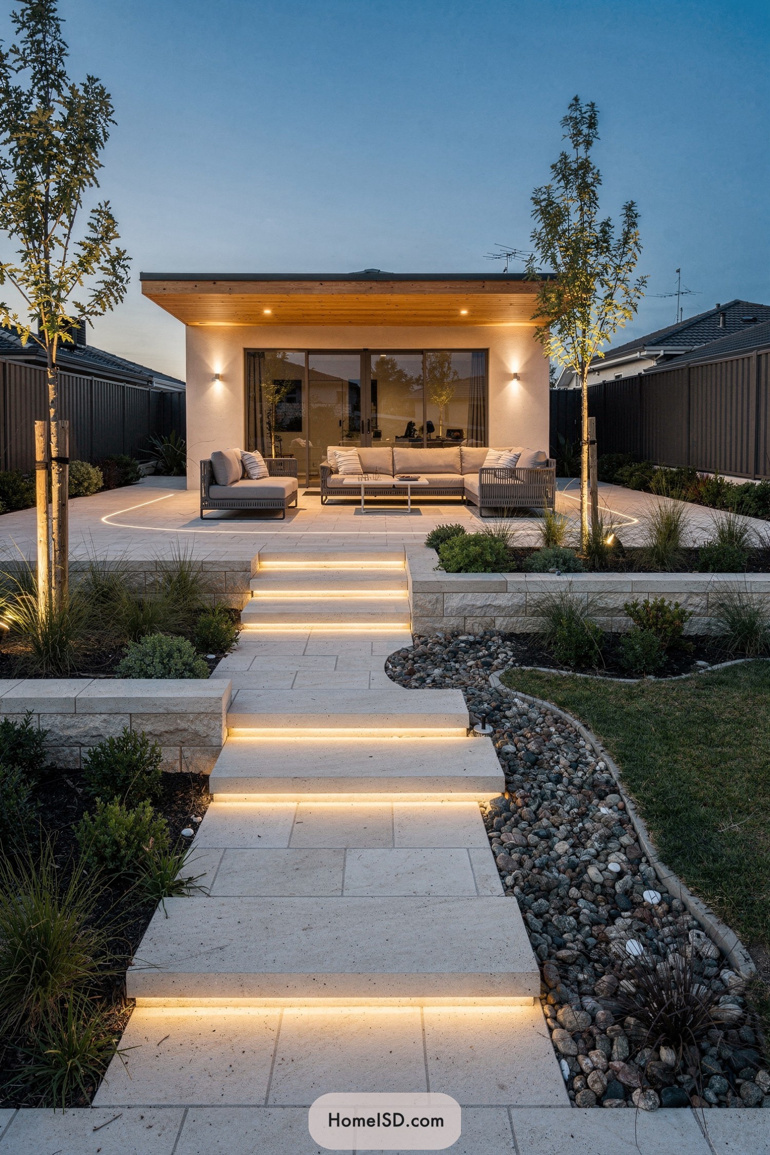 Modern backyard with illuminated stone steps leading to a lounge pavilion