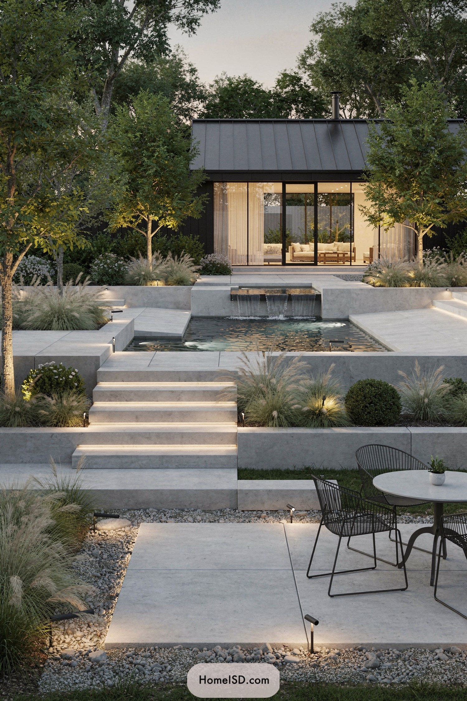 Modern tiered backyard with concrete terraces, central reflecting pool, and soft lighting at dusk