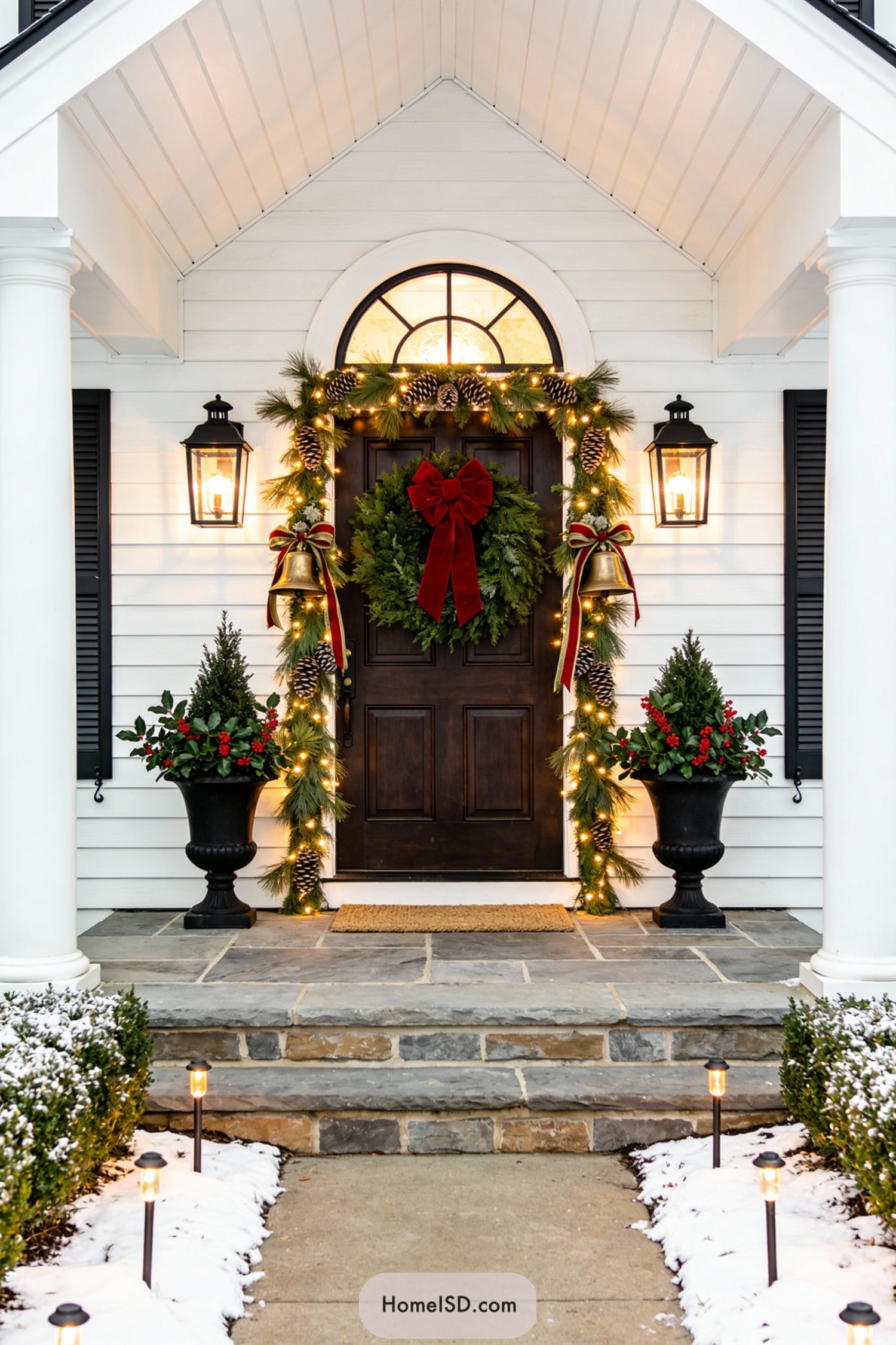 Front door framed with lit garland, wreath, pinecones, and holiday planters