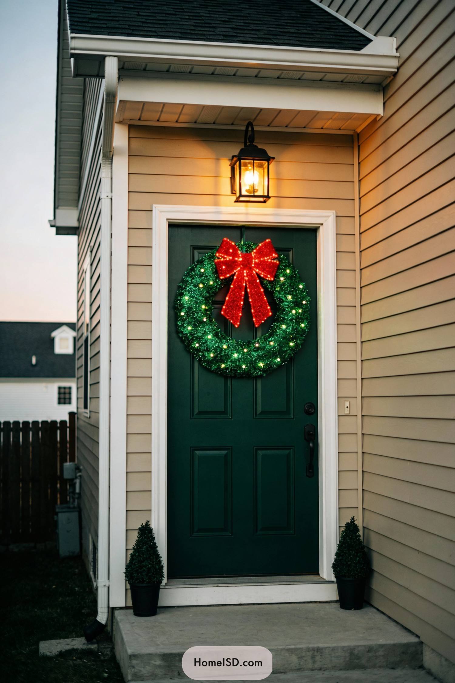 Green front door with illuminated green wreath and red bow under a warm porch lantern