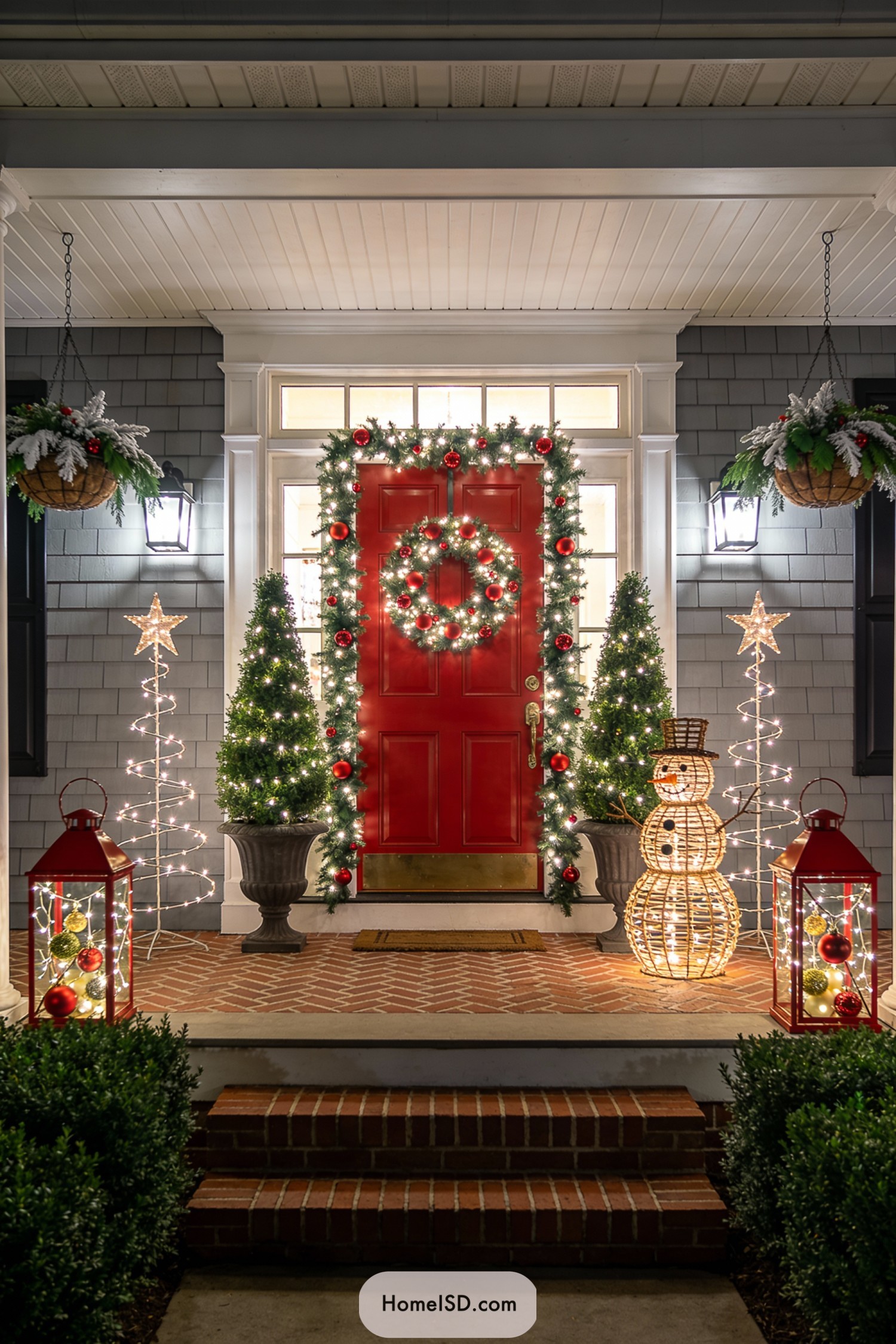 Red front door with lit Christmas wreath and glowing holiday porch decor
