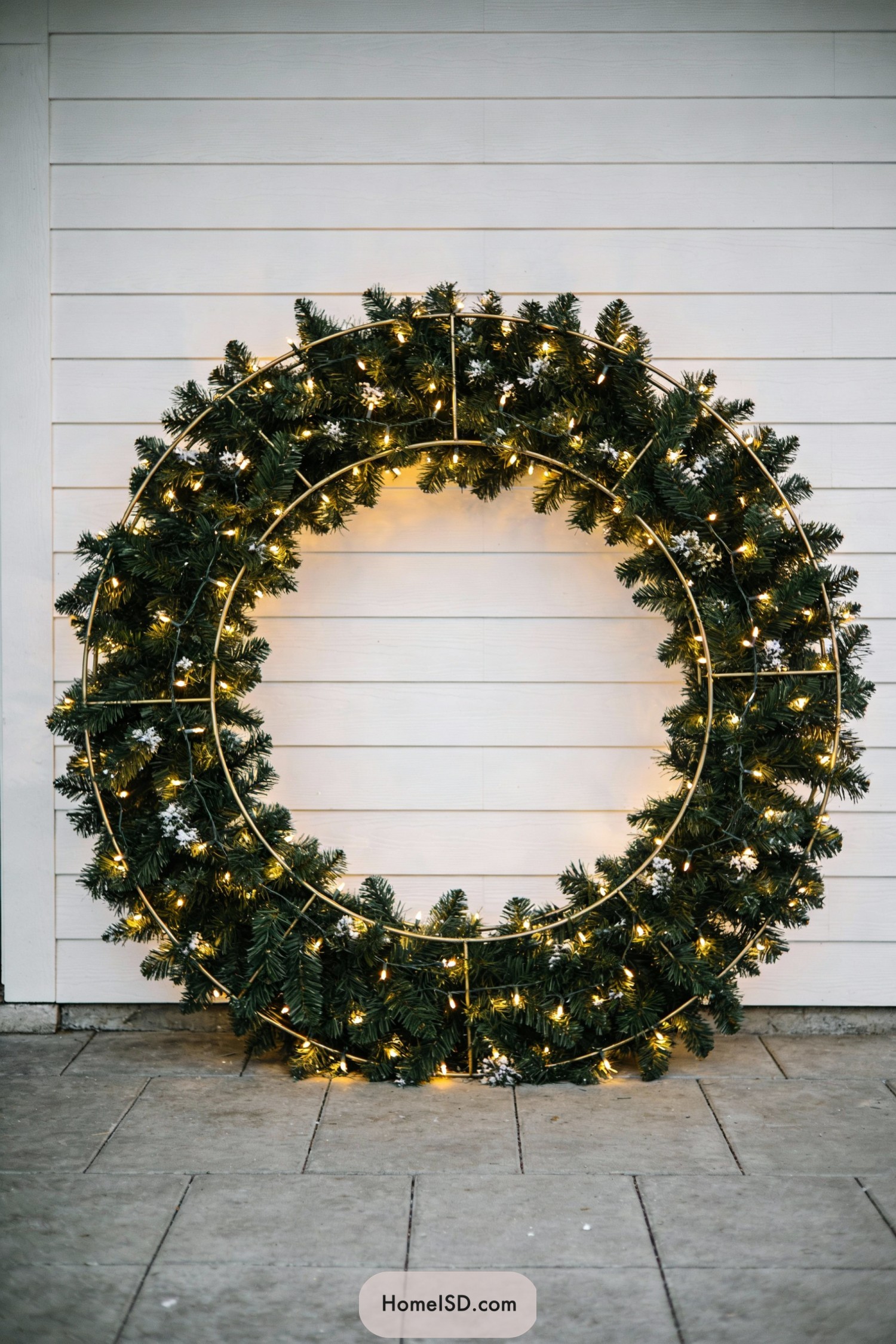 Large lighted evergreen wreath against white siding