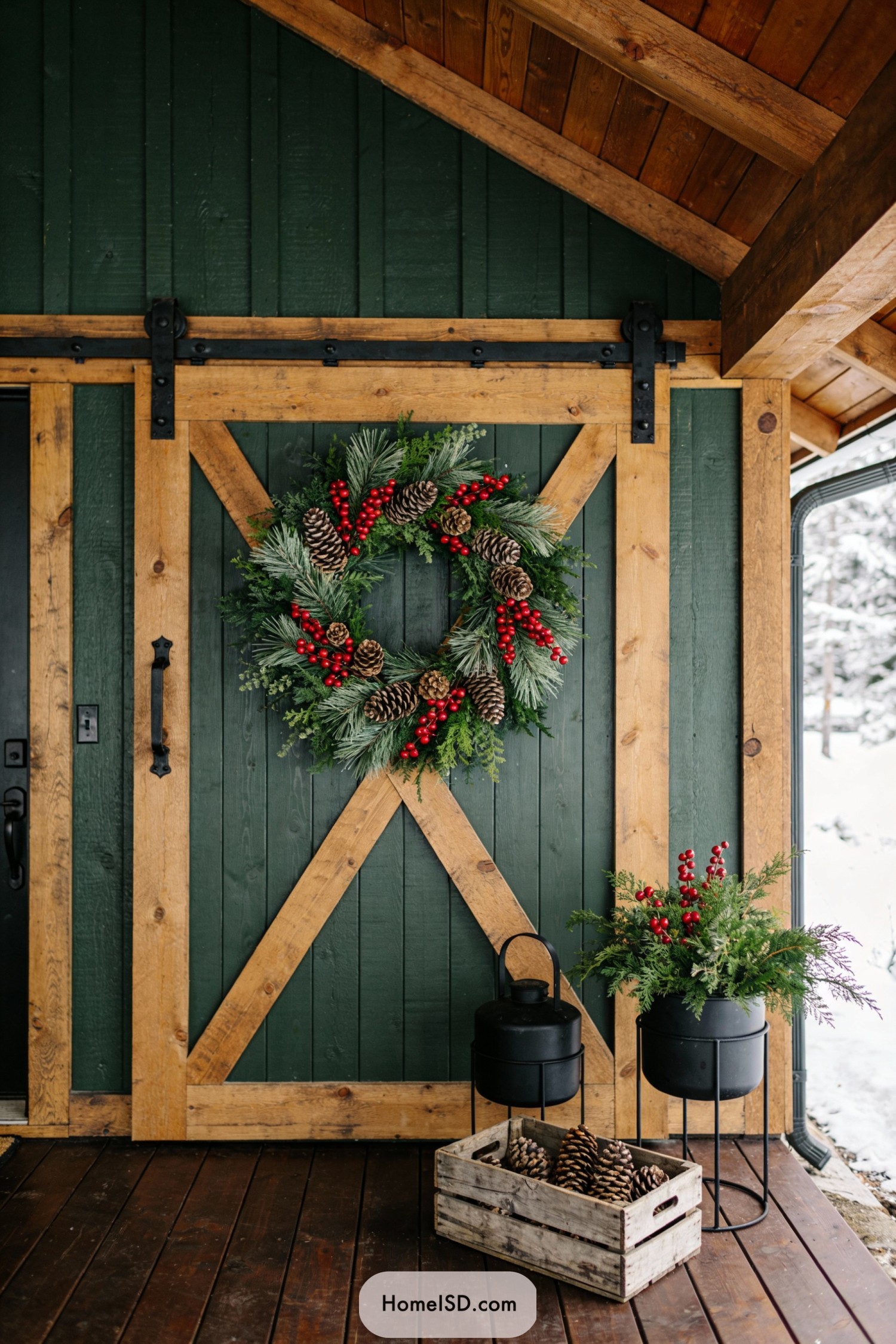 Rustic green barn door with pinecone and berry Christmas wreath