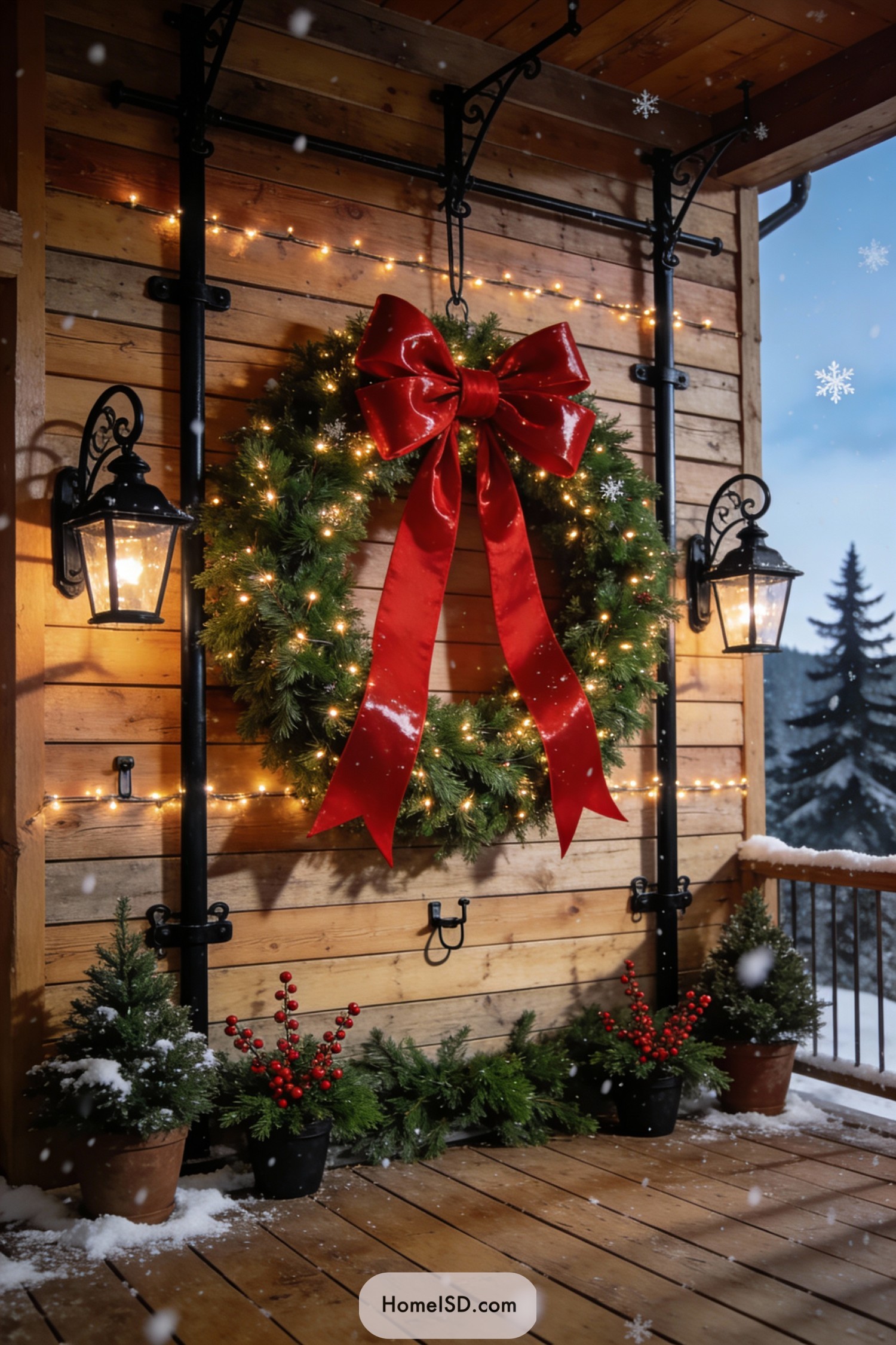 Large lit evergreen wreath with oversized red bow on snowy wooden porch