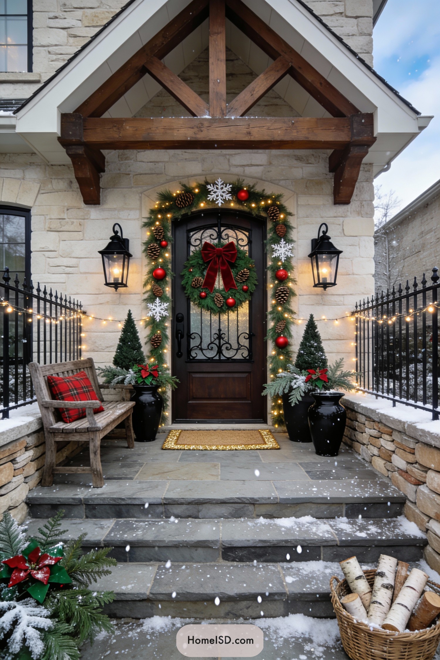 Festive Christmas wreath on decorated front porch