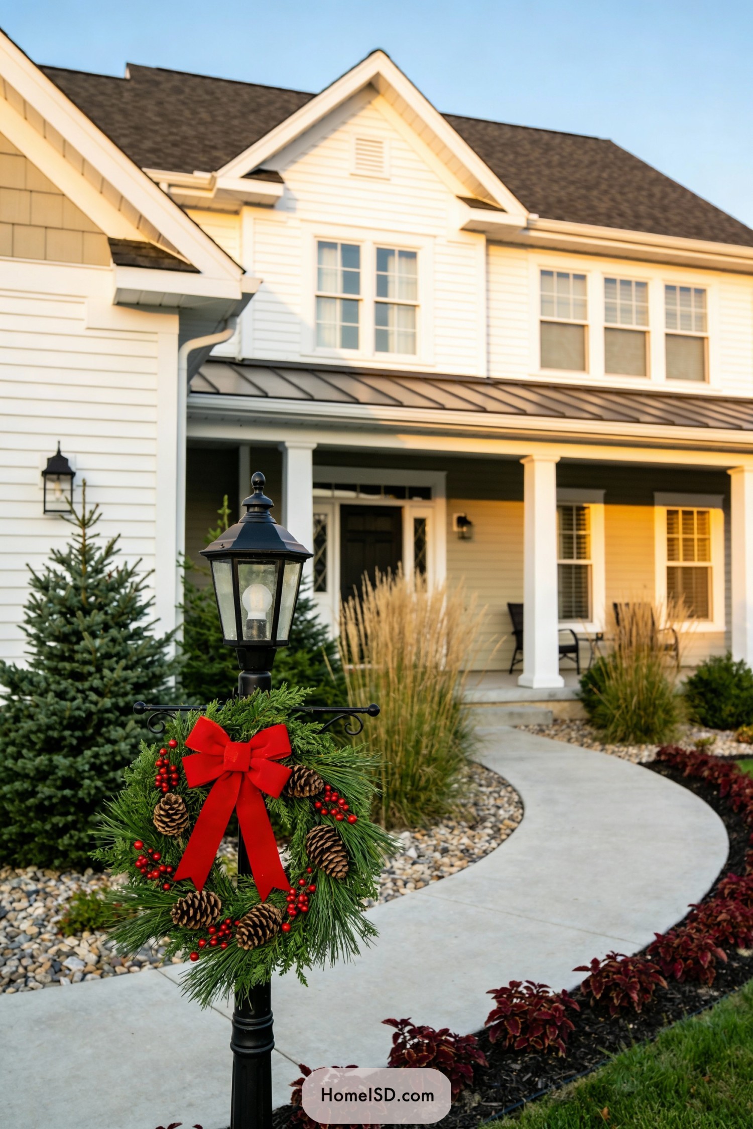 Christmas wreath with red bow on lamppost by front walkway