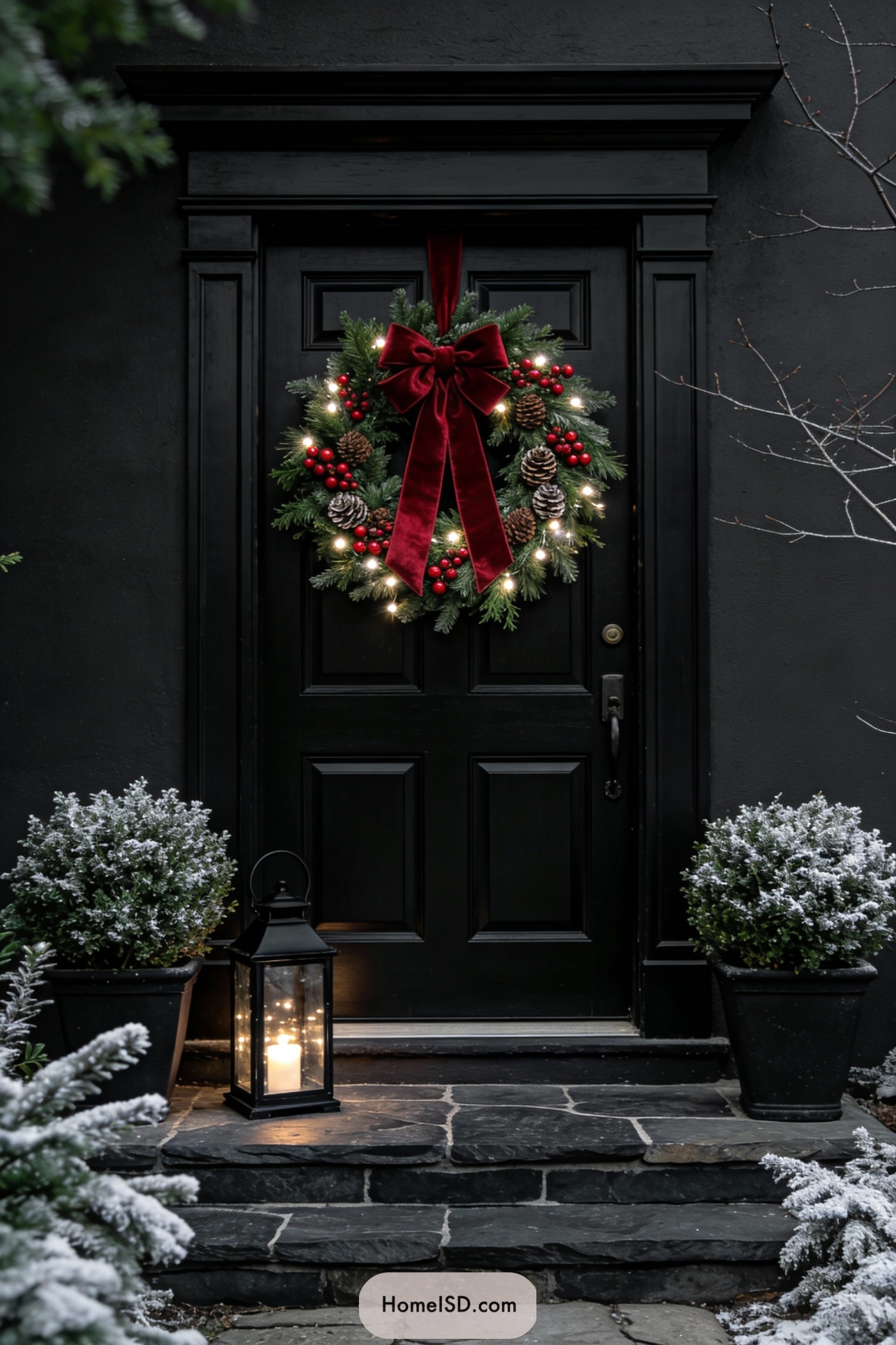 Lit Christmas wreath with red bow on black door