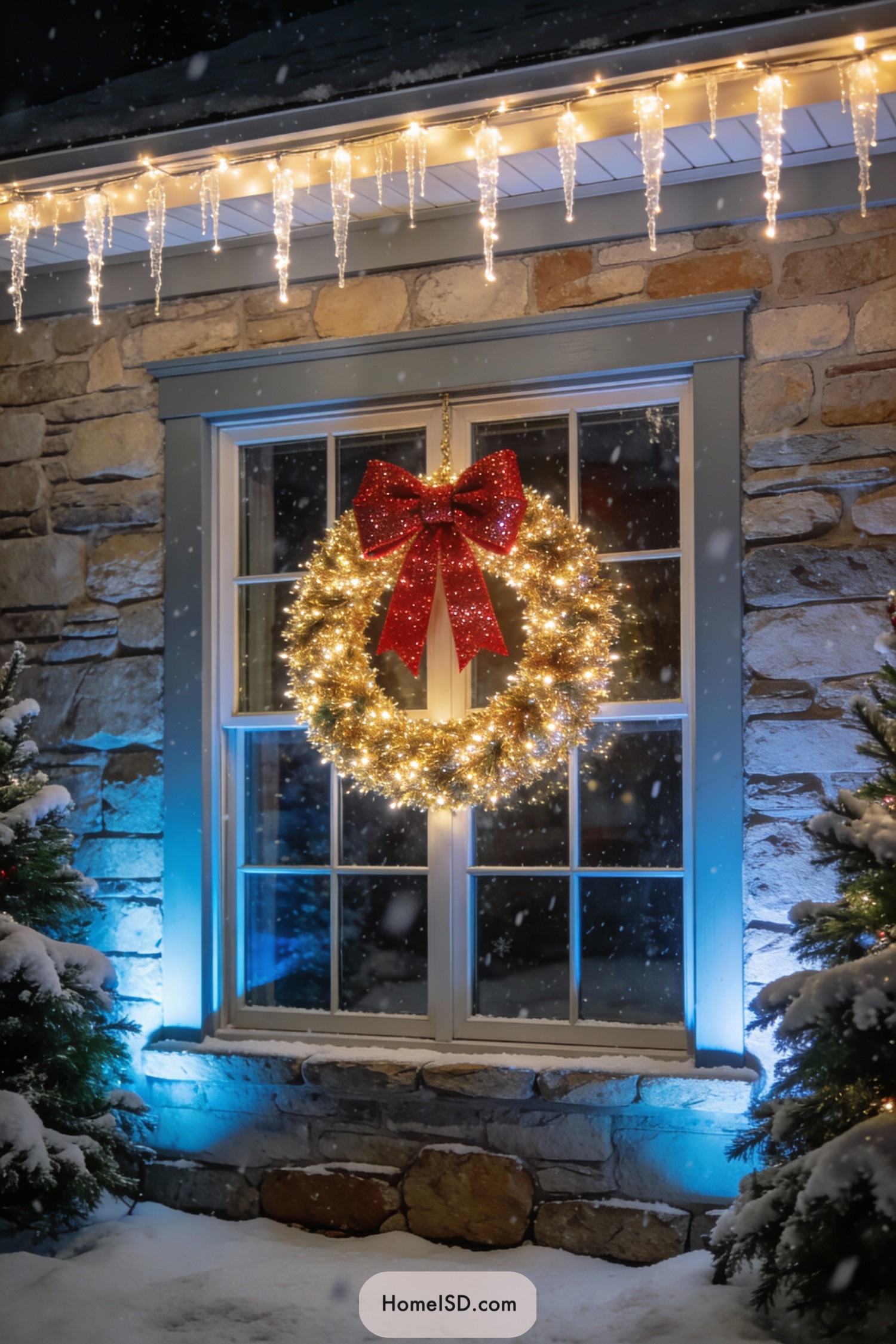 Lit Christmas wreath with red bow on snowy window