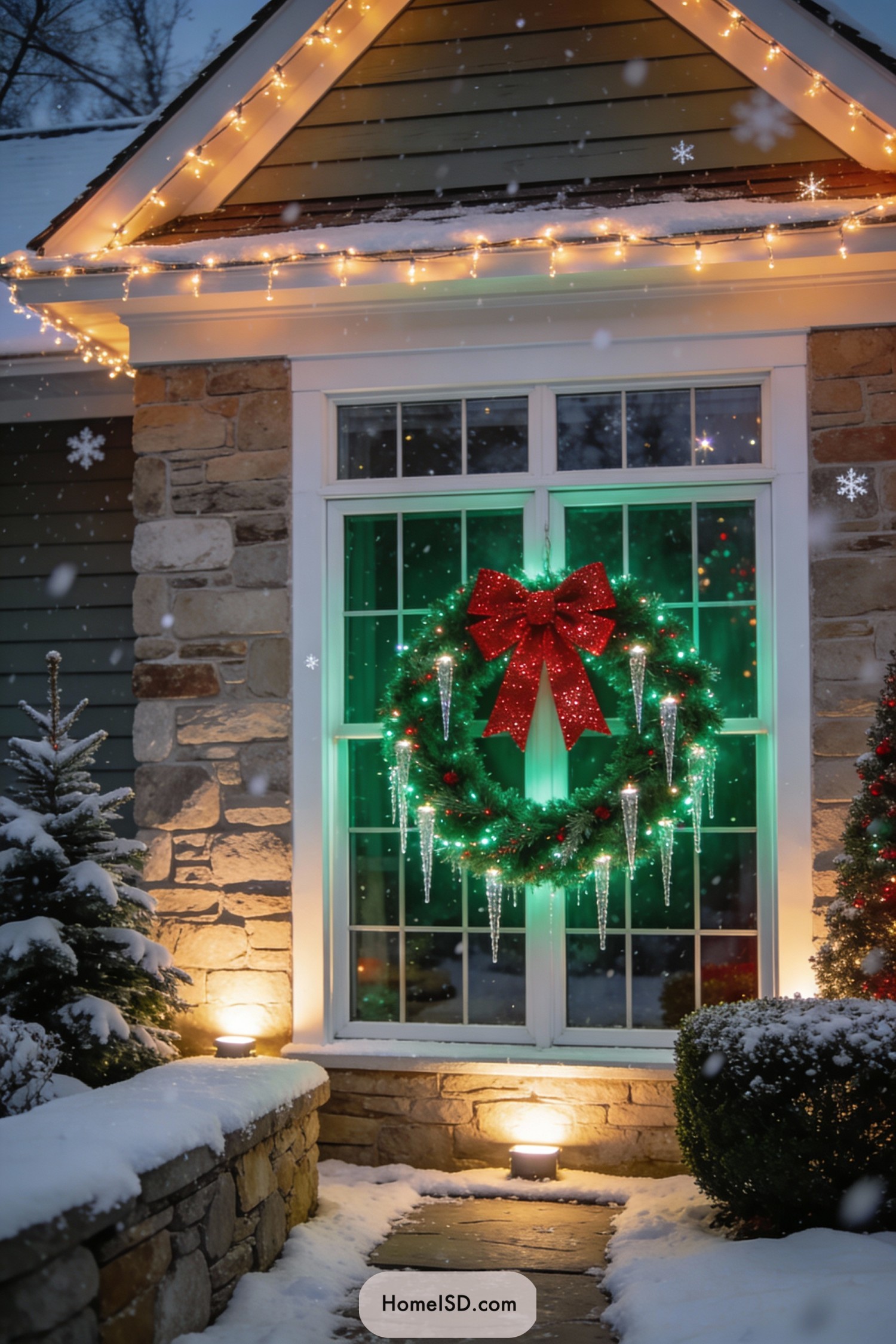 Large glowing wreath with red bow and icicles on snowy front window