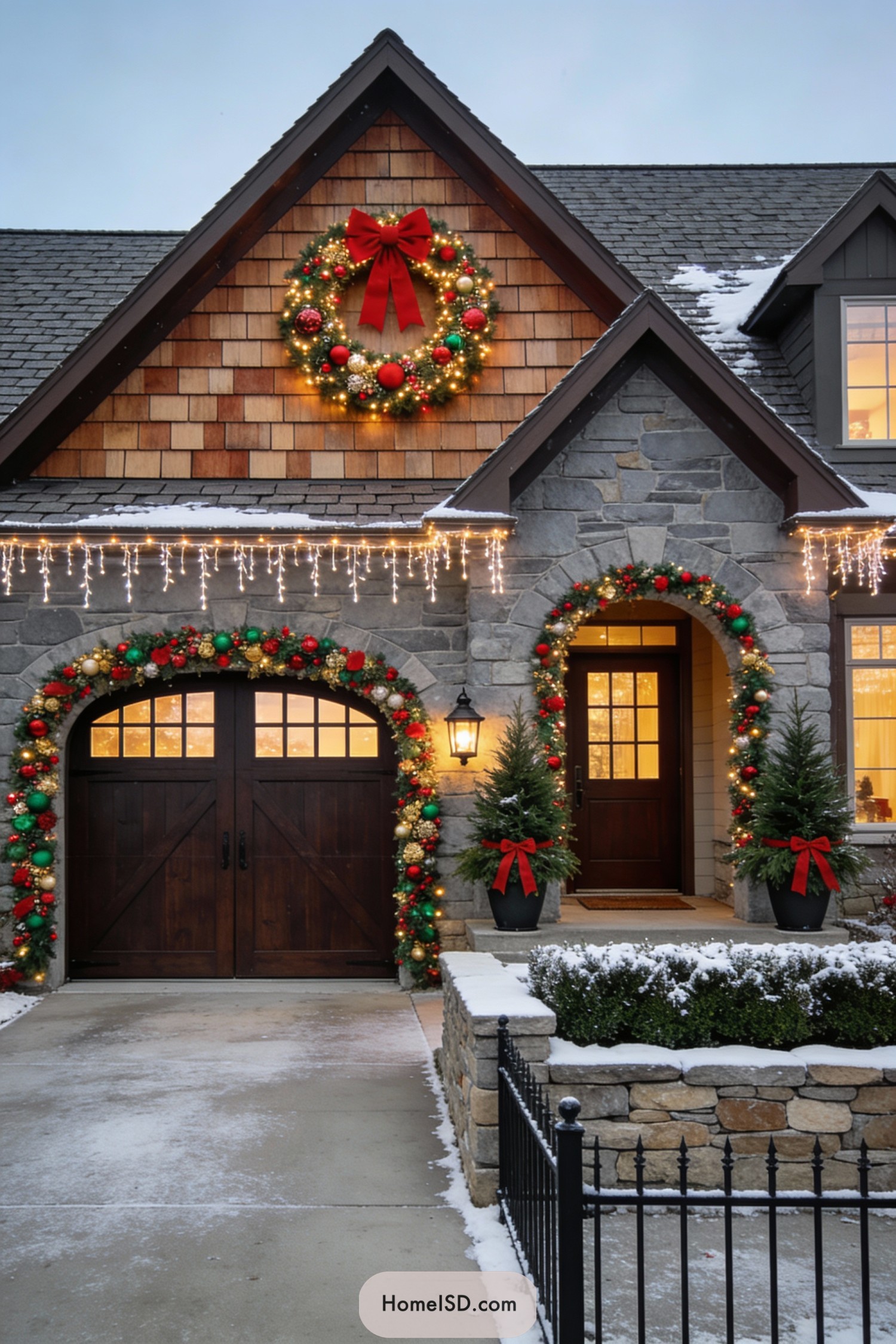 Stone house with oversized lit Christmas wreath and matching garlands on snowy front entry