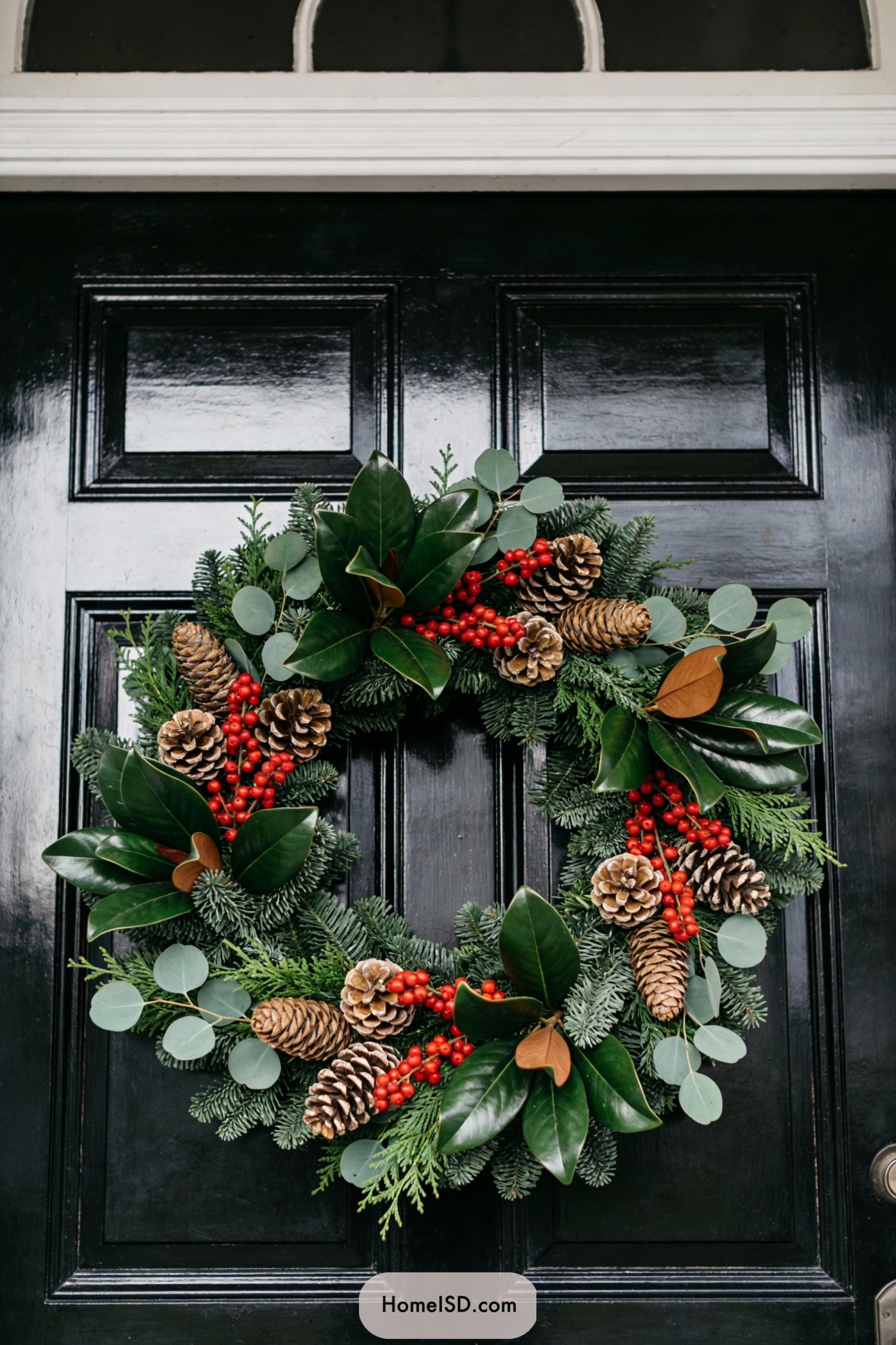 Christmas wreath with magnolia leaves pinecones and red berries on a glossy black front door