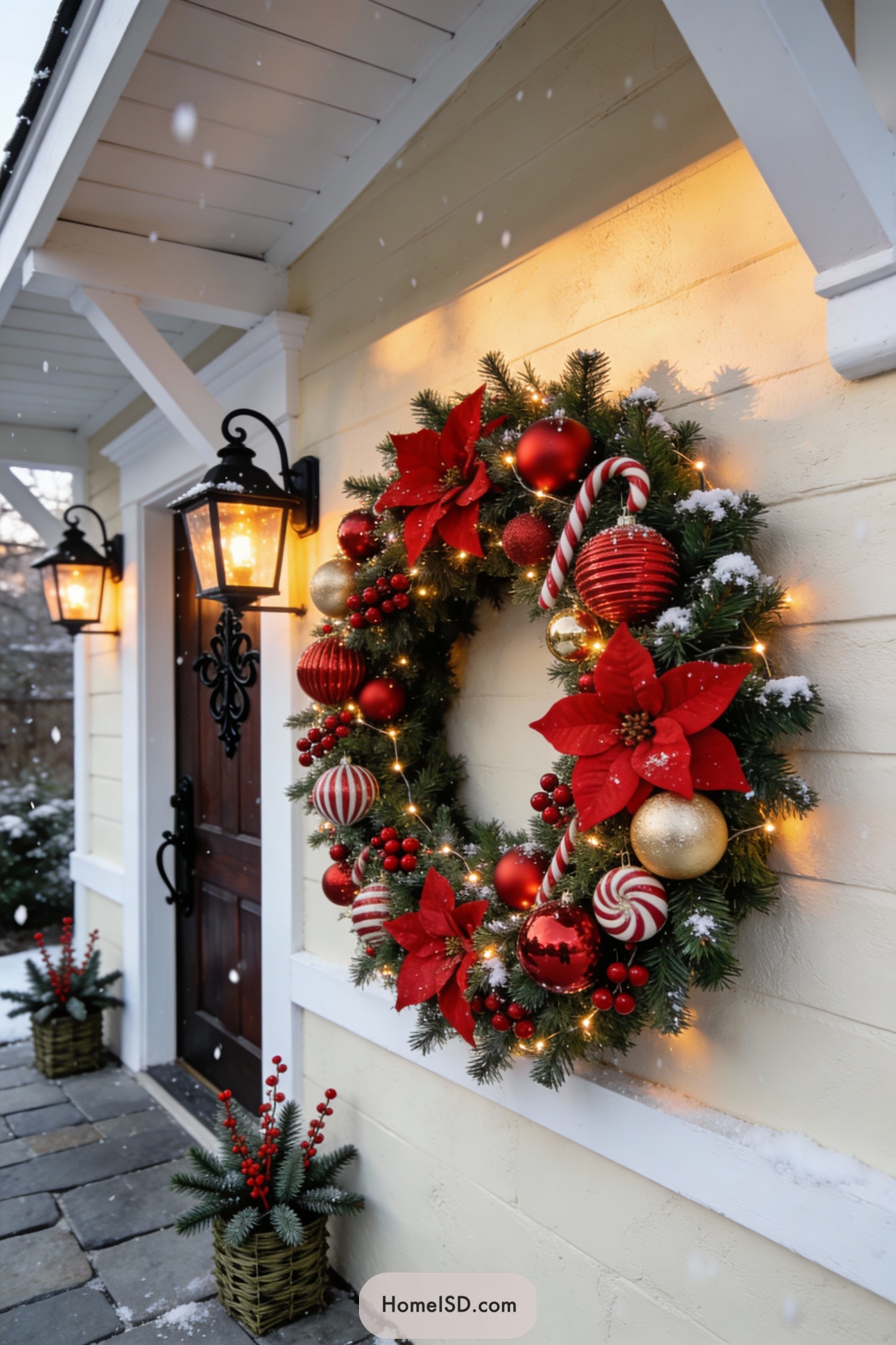 Large lit Christmas wreath with red ornaments and candy canes hanging beside a front door