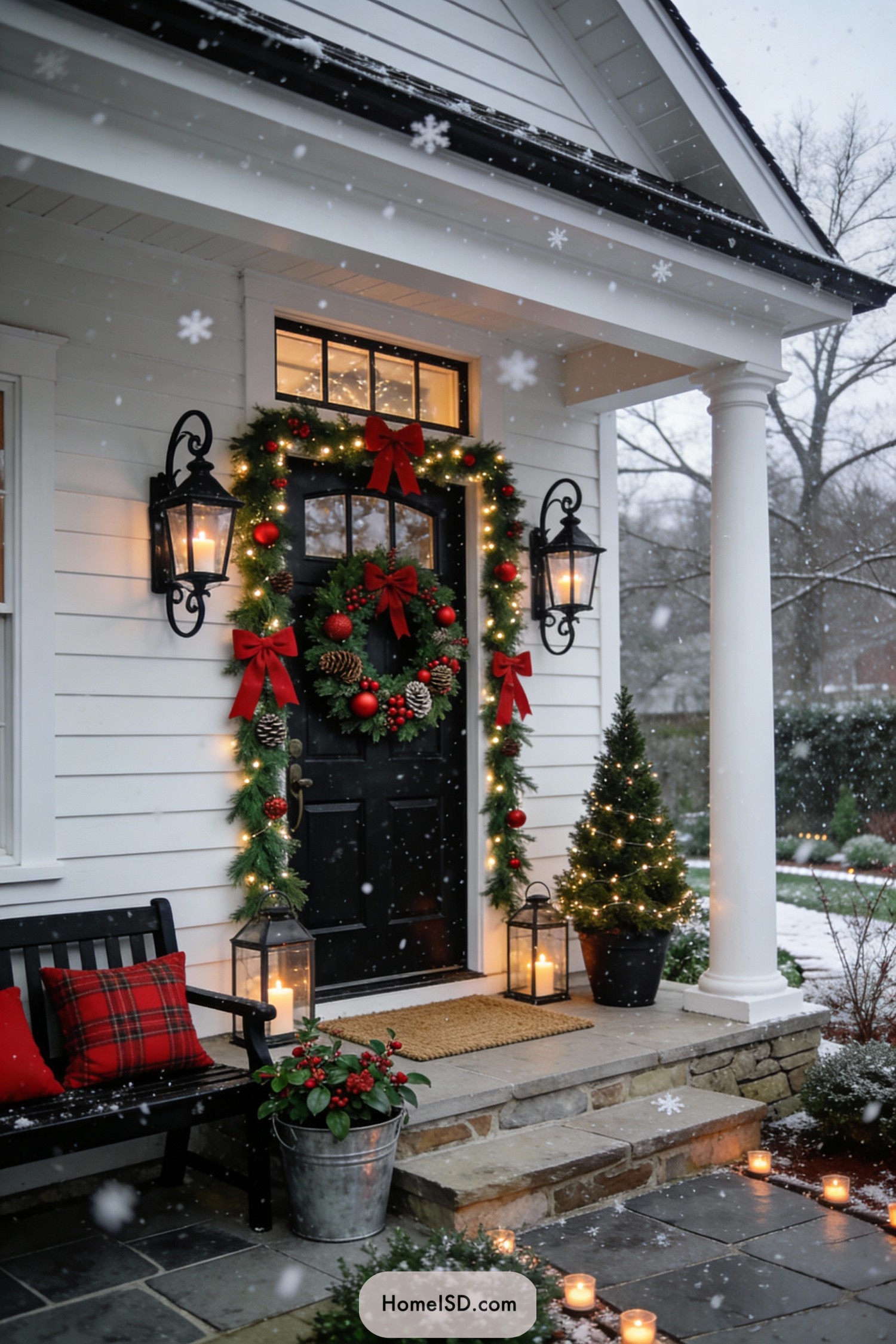 Black front door framed with lit Christmas garland and wreath in a snowy entry