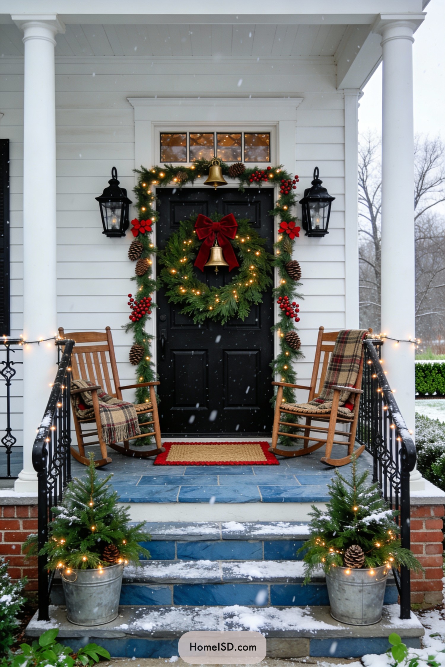 Black front door with lit wreath and garland