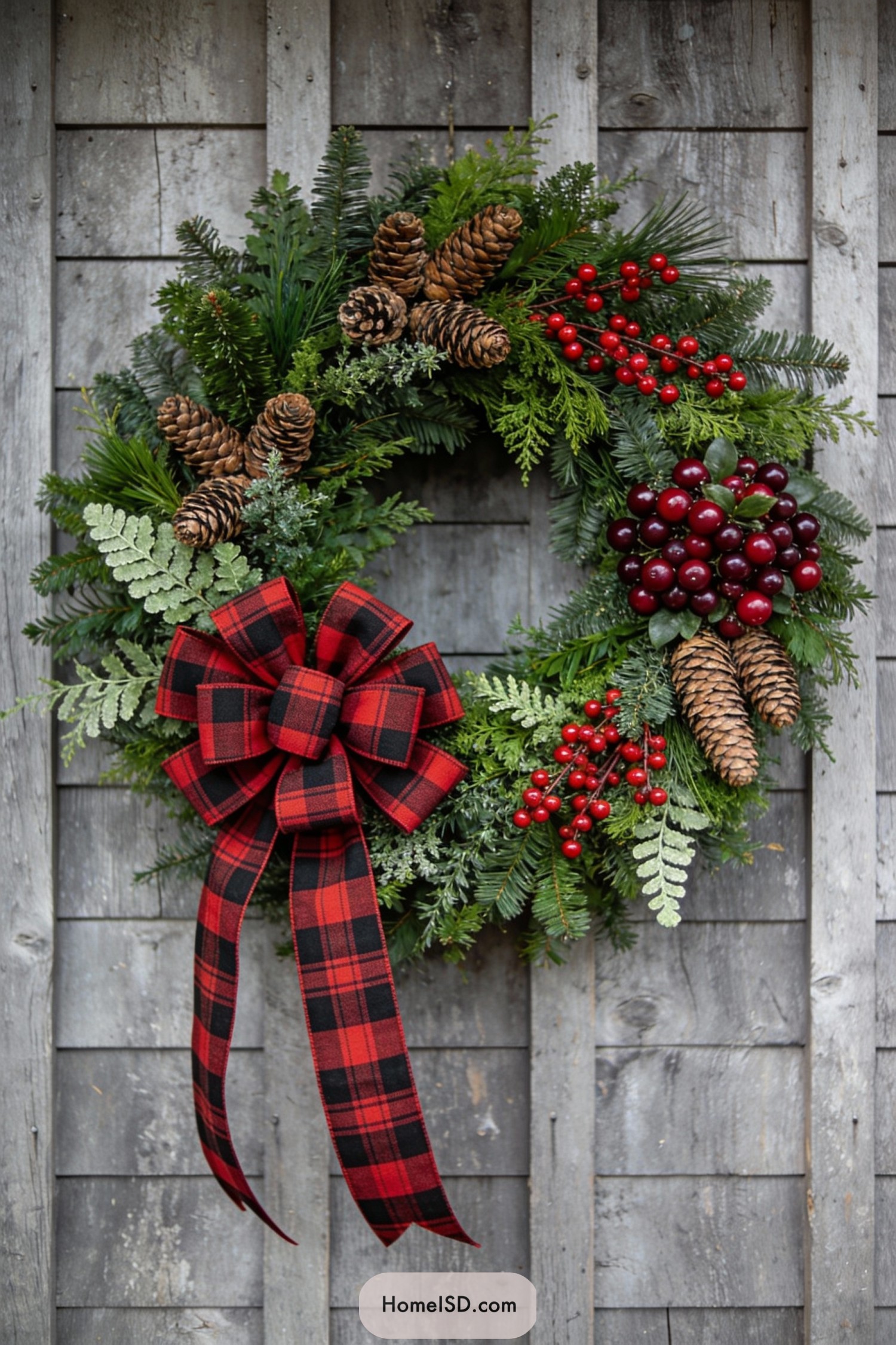 Festive evergreen wreath with pinecones berries and plaid bow