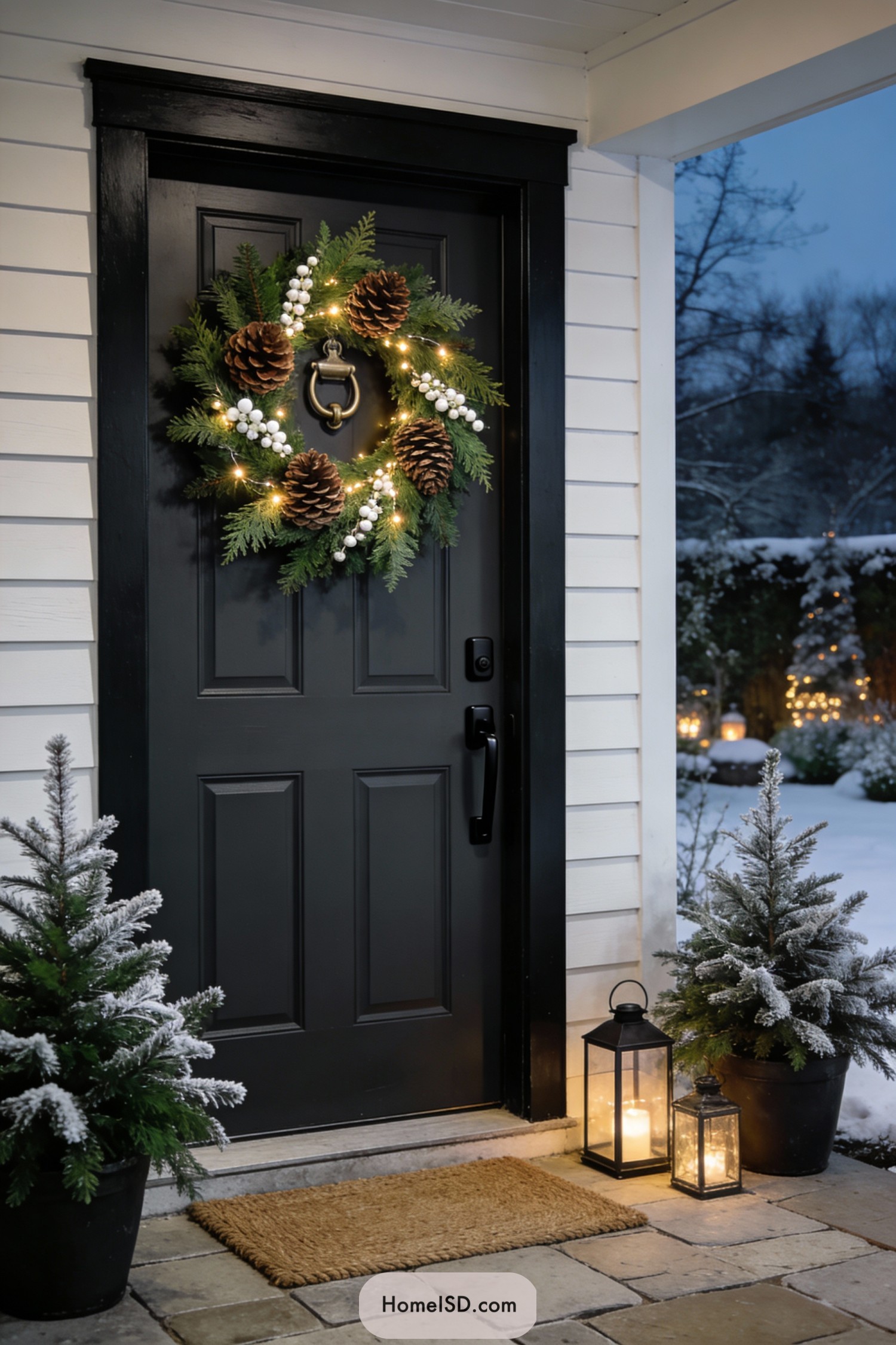 Christmas wreath with lights on dark front door