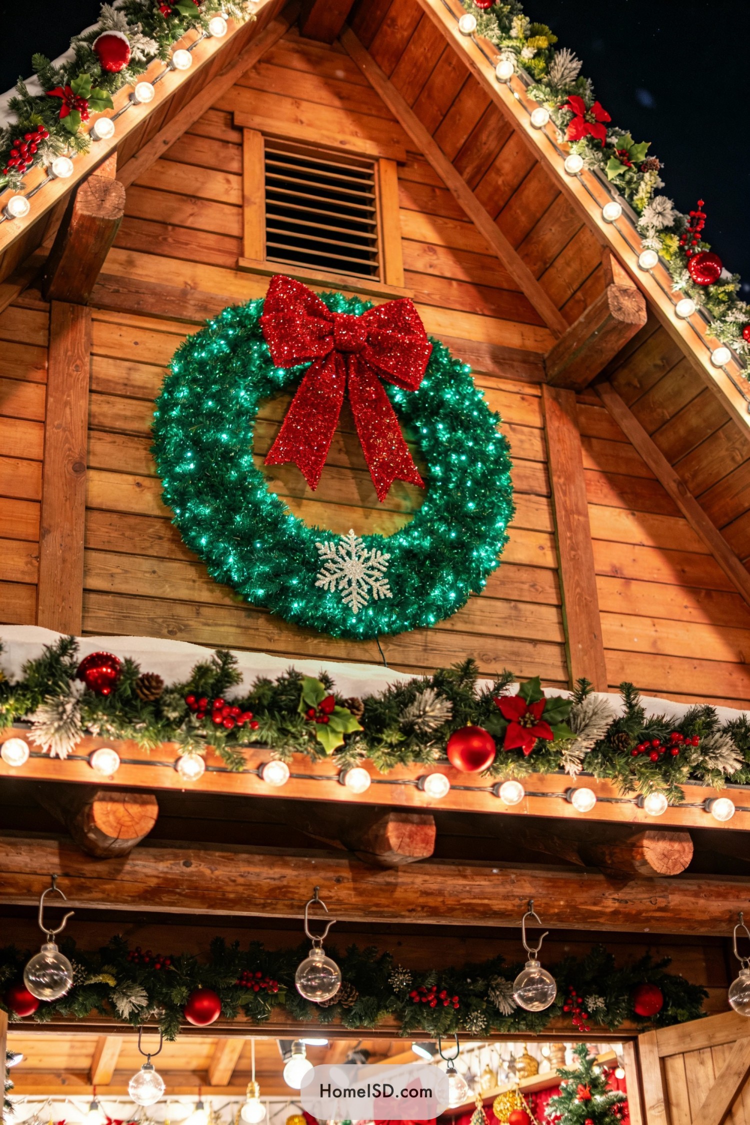 Large lit green Christmas wreath with red bow and snowflake on a festively decorated wooden chalet facade