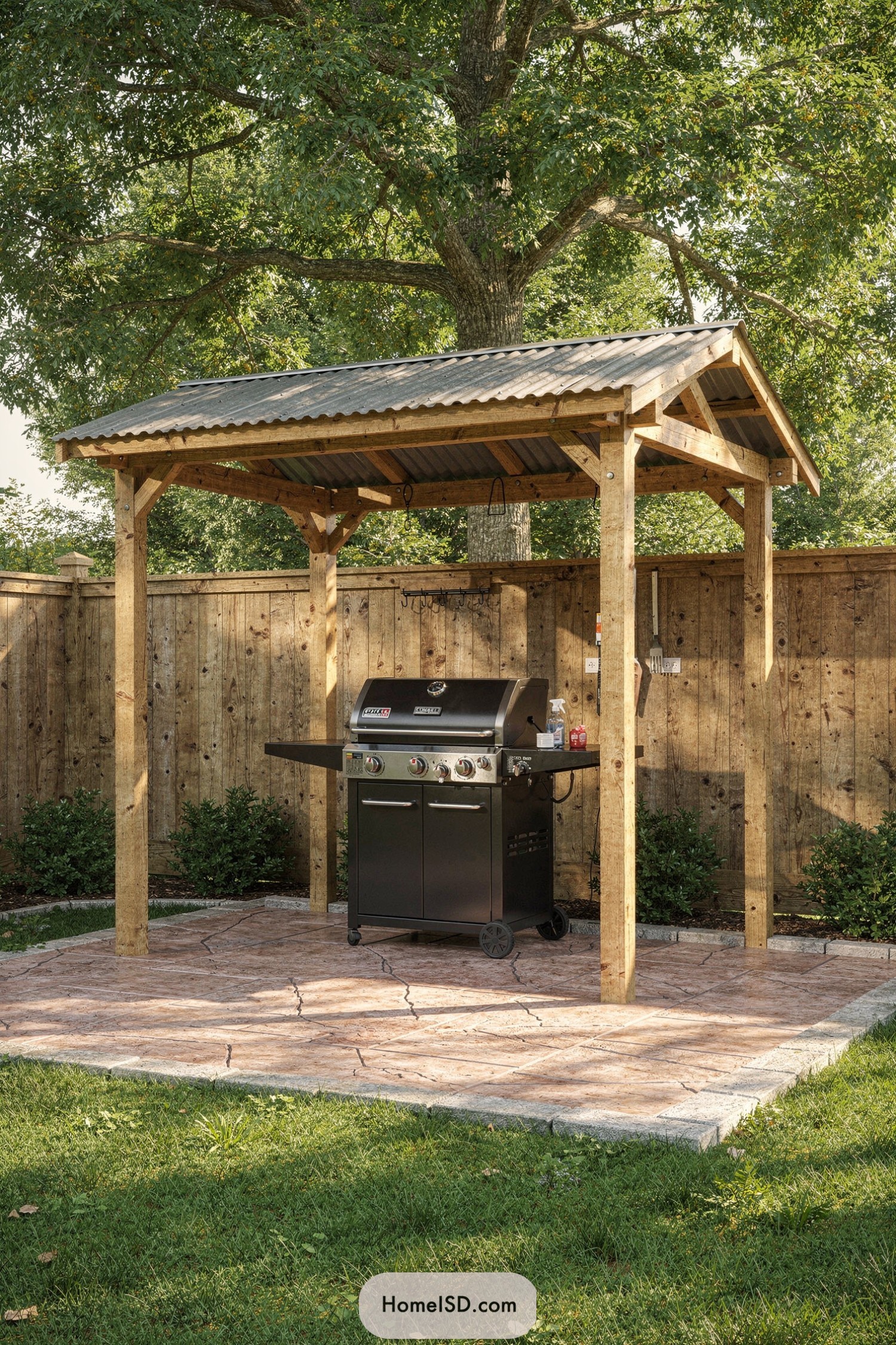 Wooden backyard grill shelter with corrugated metal roof over a freestanding gas grill on a stamped concrete pad