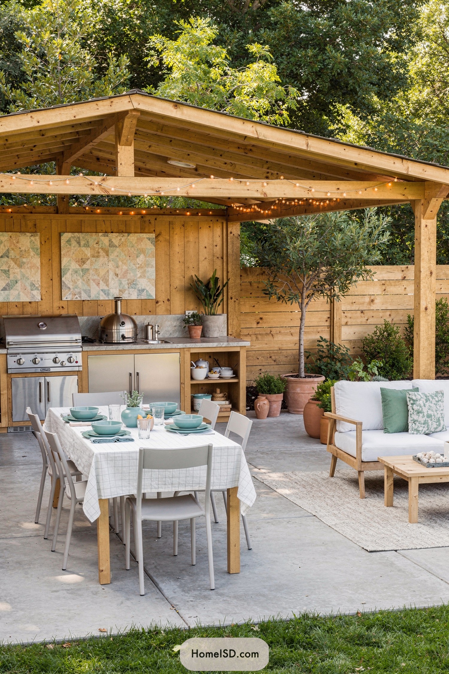 Wood pavilion patio kitchen with dining table and lounge seating