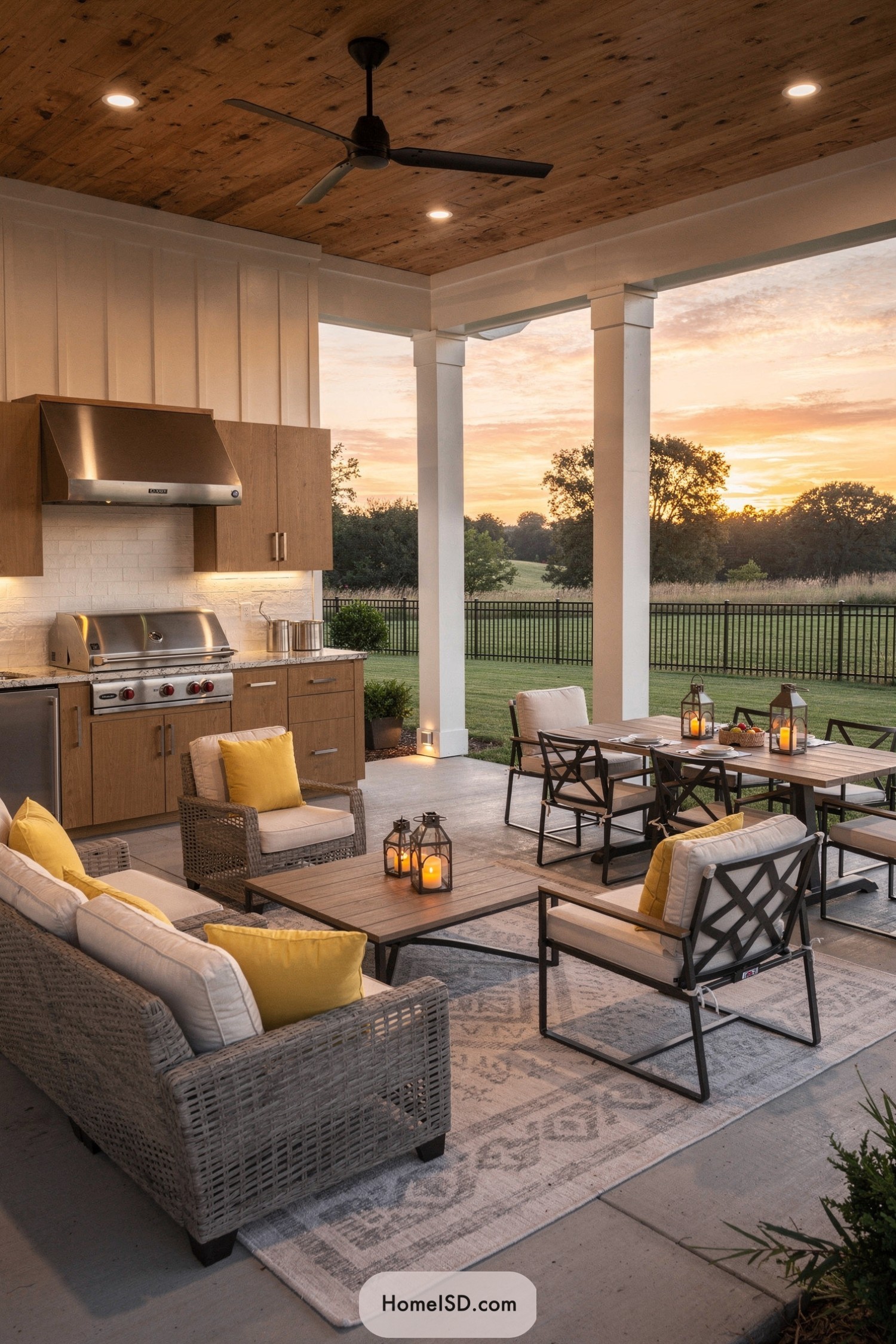 Covered patio outdoor kitchen with seating and lanterns at sunset