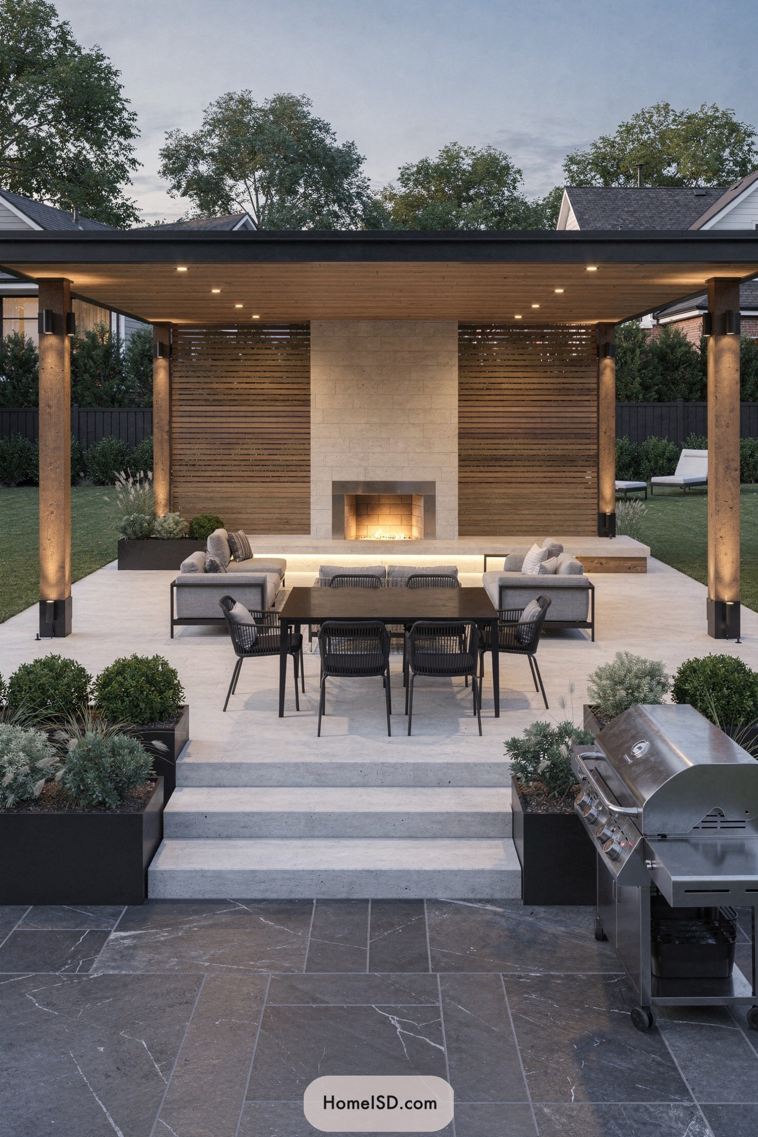 Modern covered patio with fireplace and grill