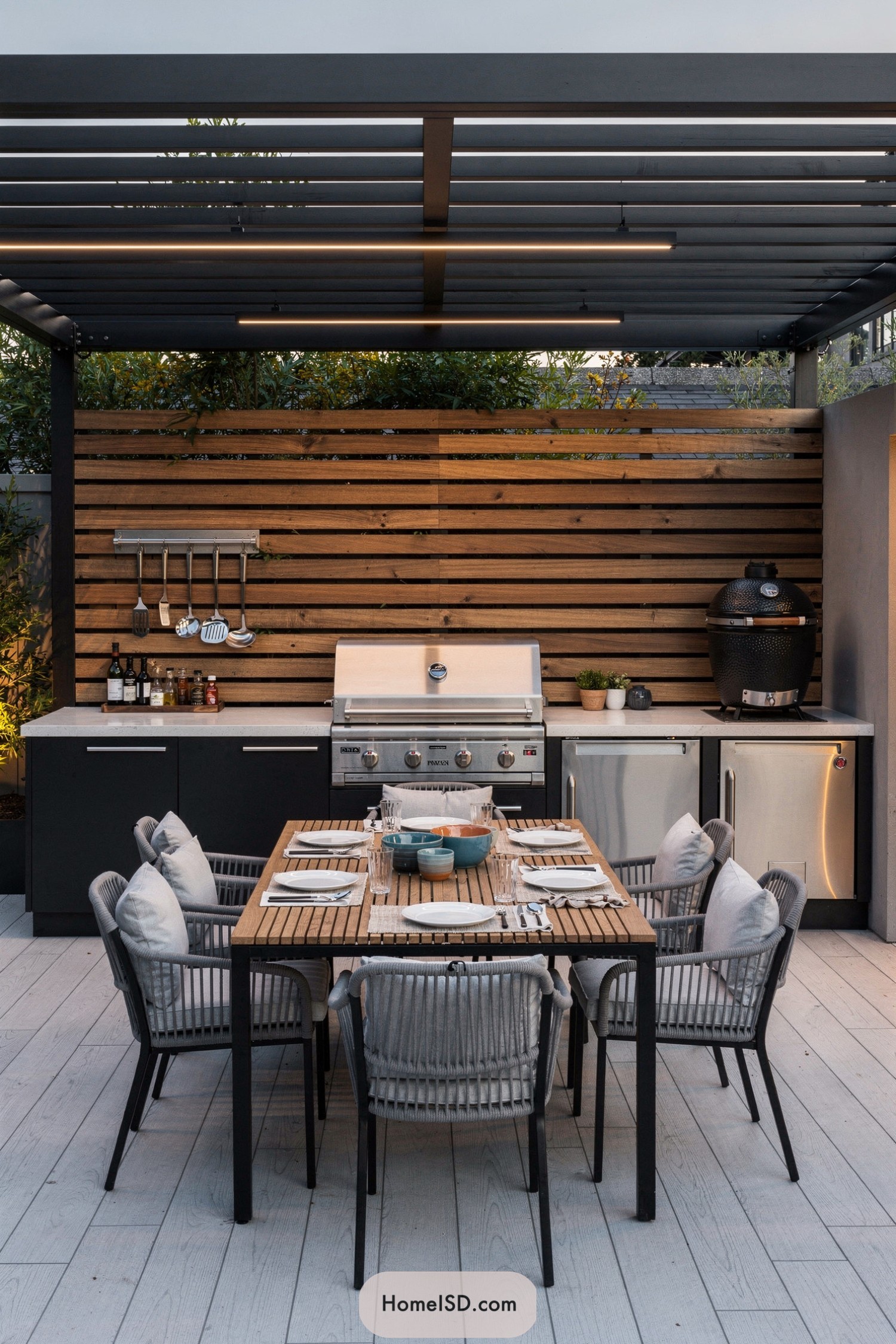 Modern outdoor kitchen and dining set under a slatted pergola with wood accents and built-in grill