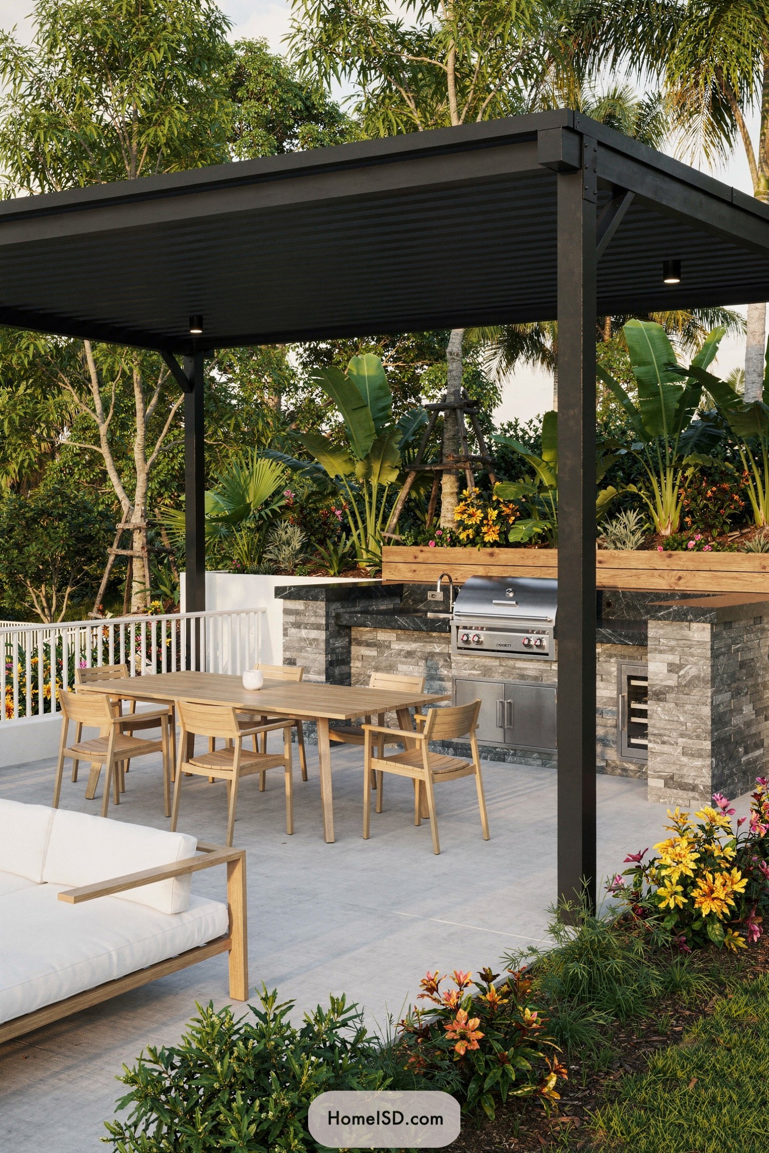 Covered patio grill with wood dining set